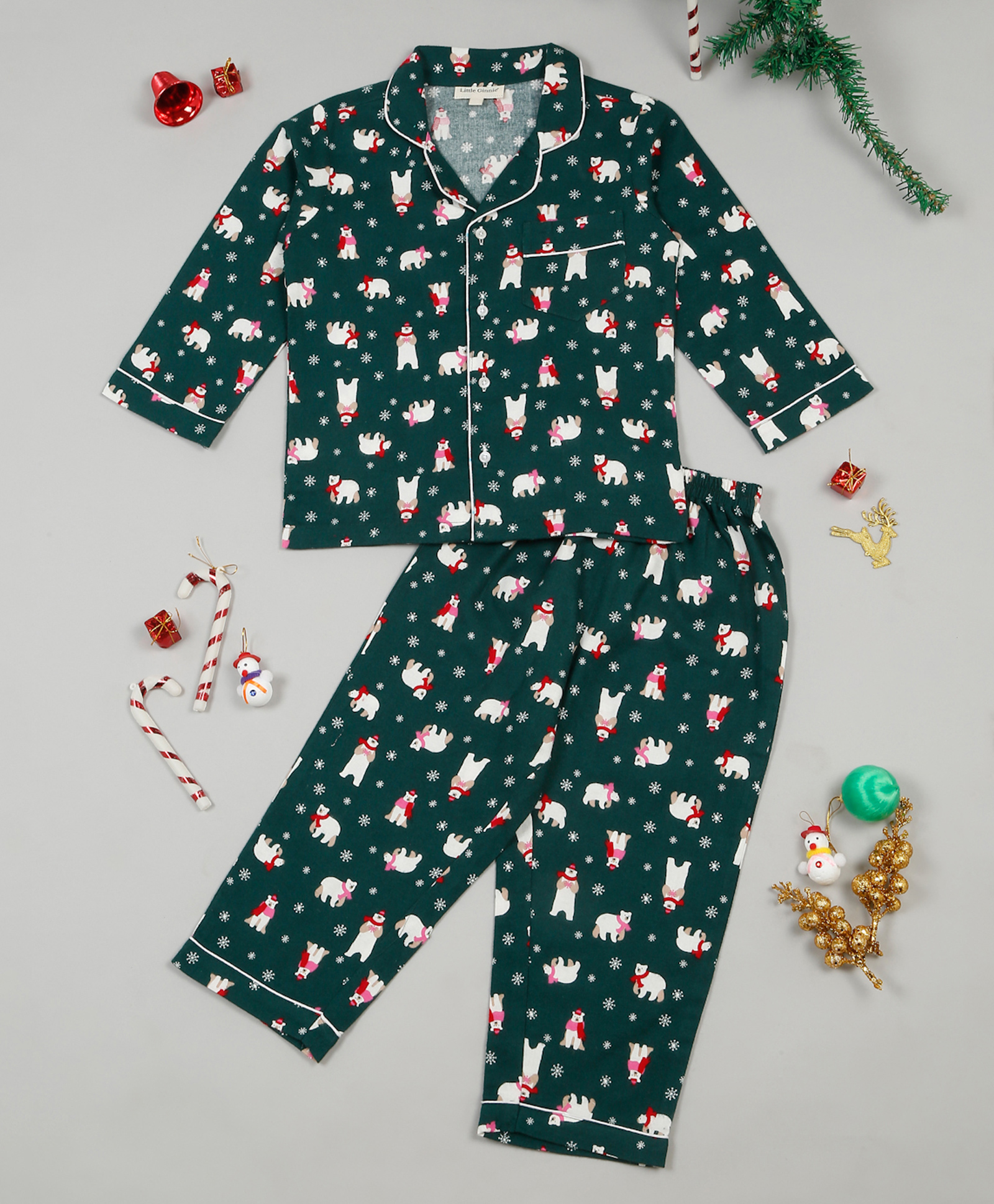 Little Ginnie Cotton Full Sleeves Polar Bear Tree Printed Nightwear - Green-image-48