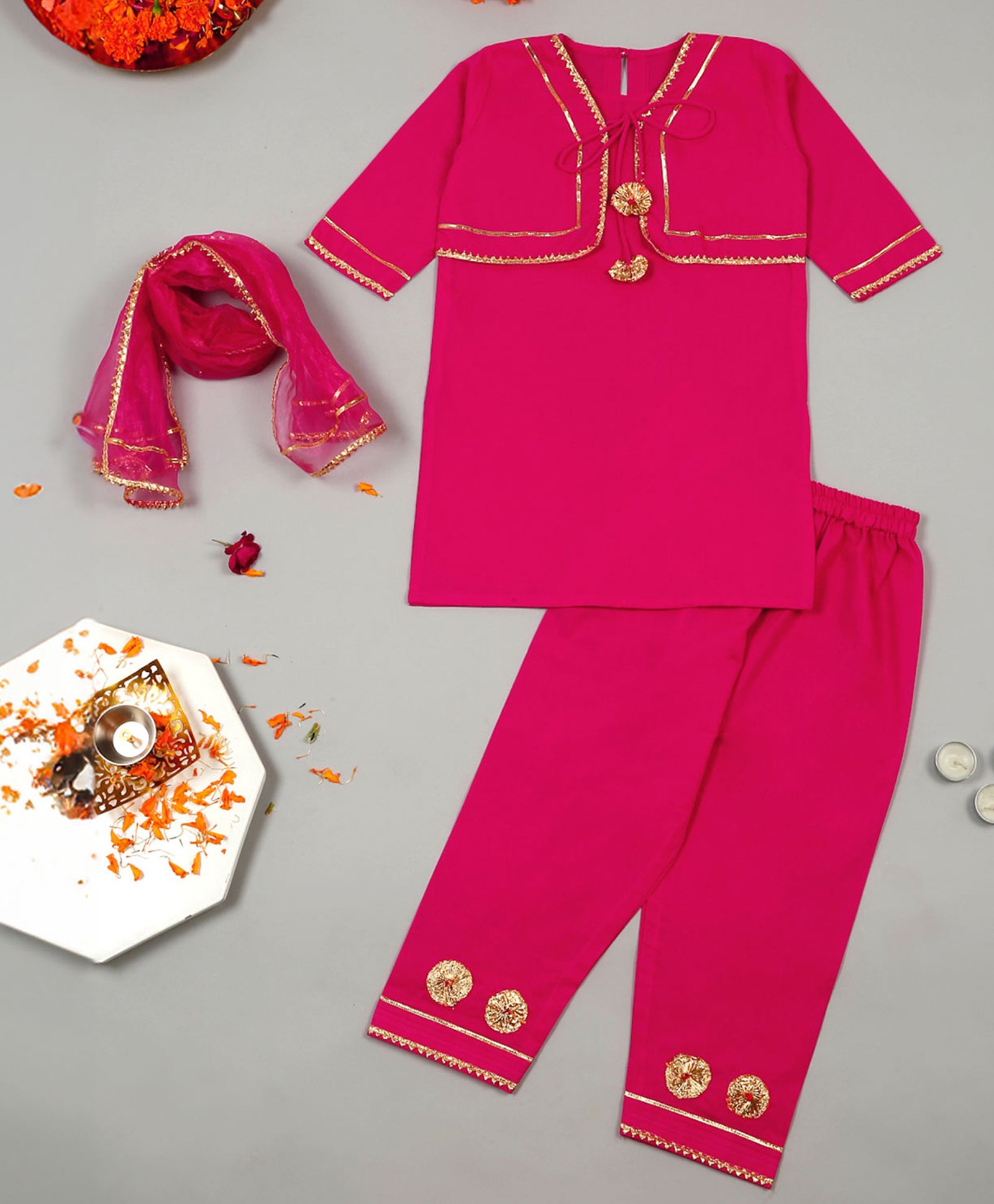 Little Ginnie Cotton Half Sleeves Lace Embellished Kurta Pant With Dupatta Set - Pink-image-21