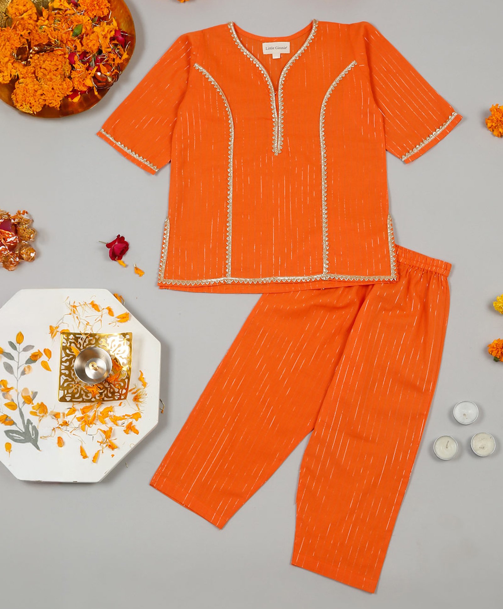 Little Ginnie Cotton Half Sleeves Gota Lace Embellished Kurta & Pant Set - Orange-image-37