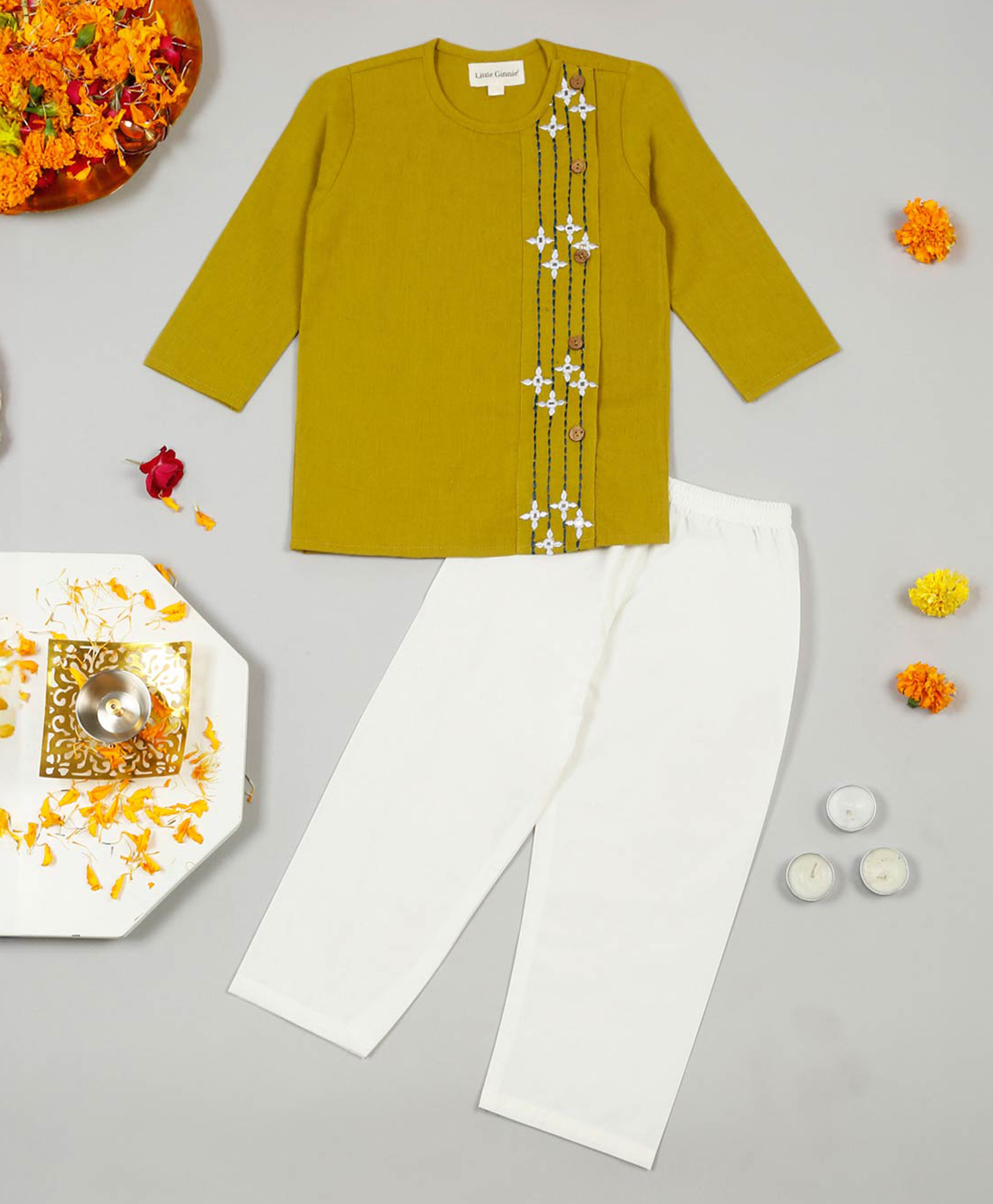 Little Ginnie Cotton Full Sleeves Thread Work Embroidered Kurta Pyjama Set - Mustard Yellow-image-10