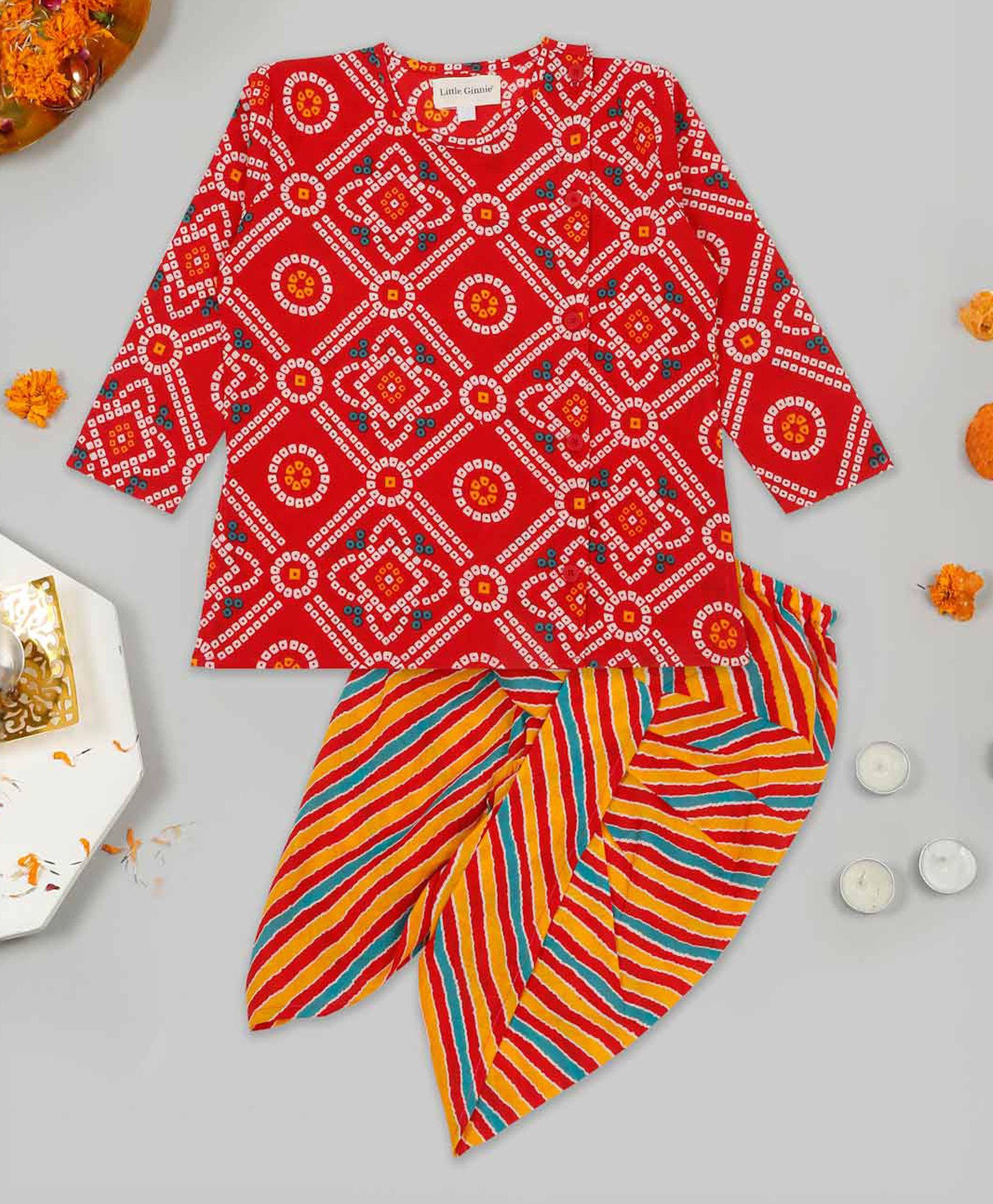Little Ginnie Cotton Full Sleeves Bandhani Printed Kurta & Striped Dhoti Set - Red-picture-37