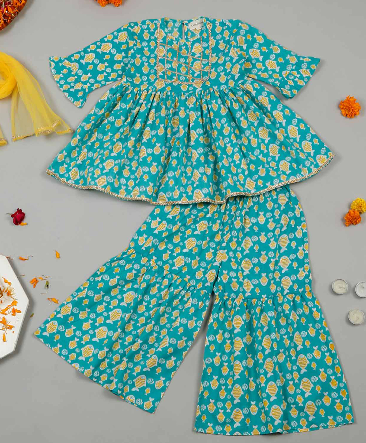 Little Ginnie Half Bell Sleeves Fish Printed Gota Lace Embellished Kurta Sharara & Dupatta Set - Green-picture-28
