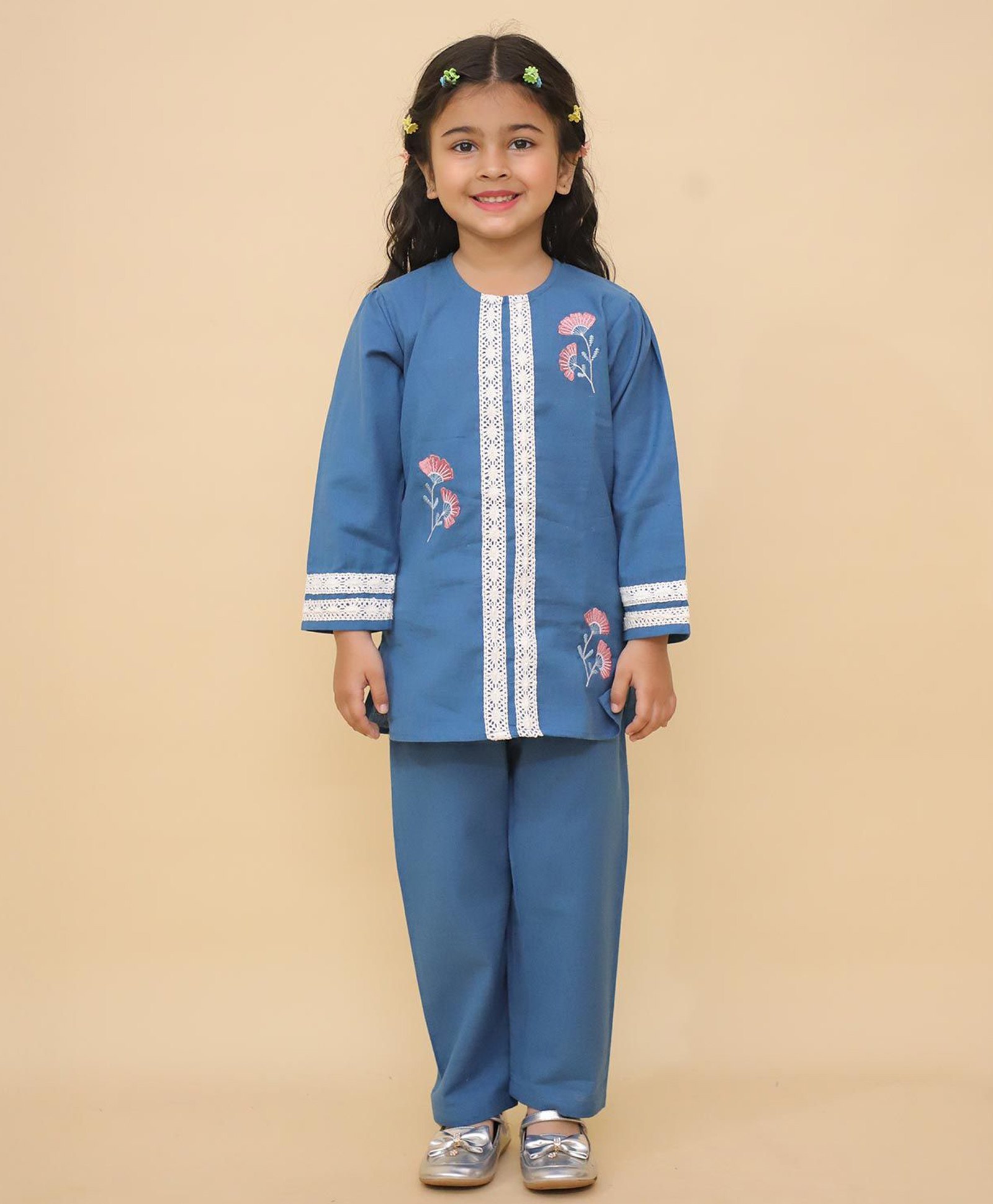 Little Ginnie Cotton Full Sleeves Floral Embroidered & Lace Embellished Kurta Pant Set - Blue-picture-14