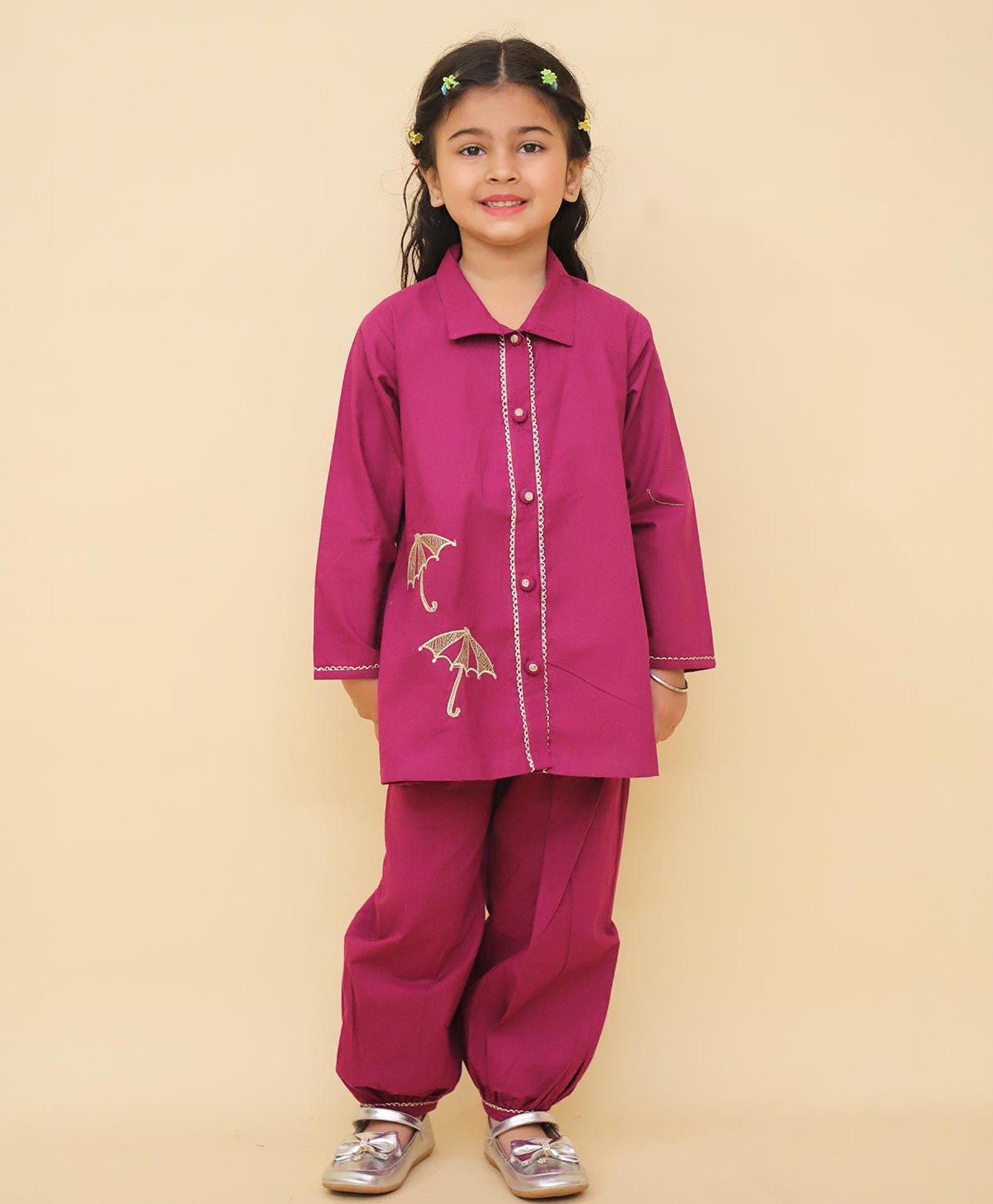 Little Ginnie Cotton Full Sleeves Umbrella Embroidered & Lace Embellished Kurta Pant Set - Purple-picture-30