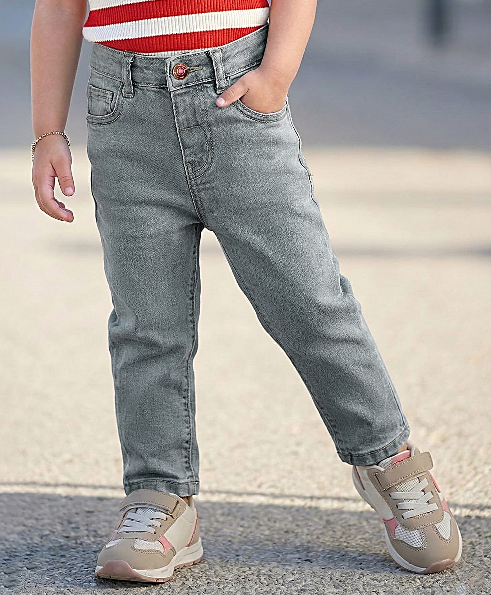 Babyhug Cotton Knit Full Length Washed Jeans With Stretch - Grey-picture-20