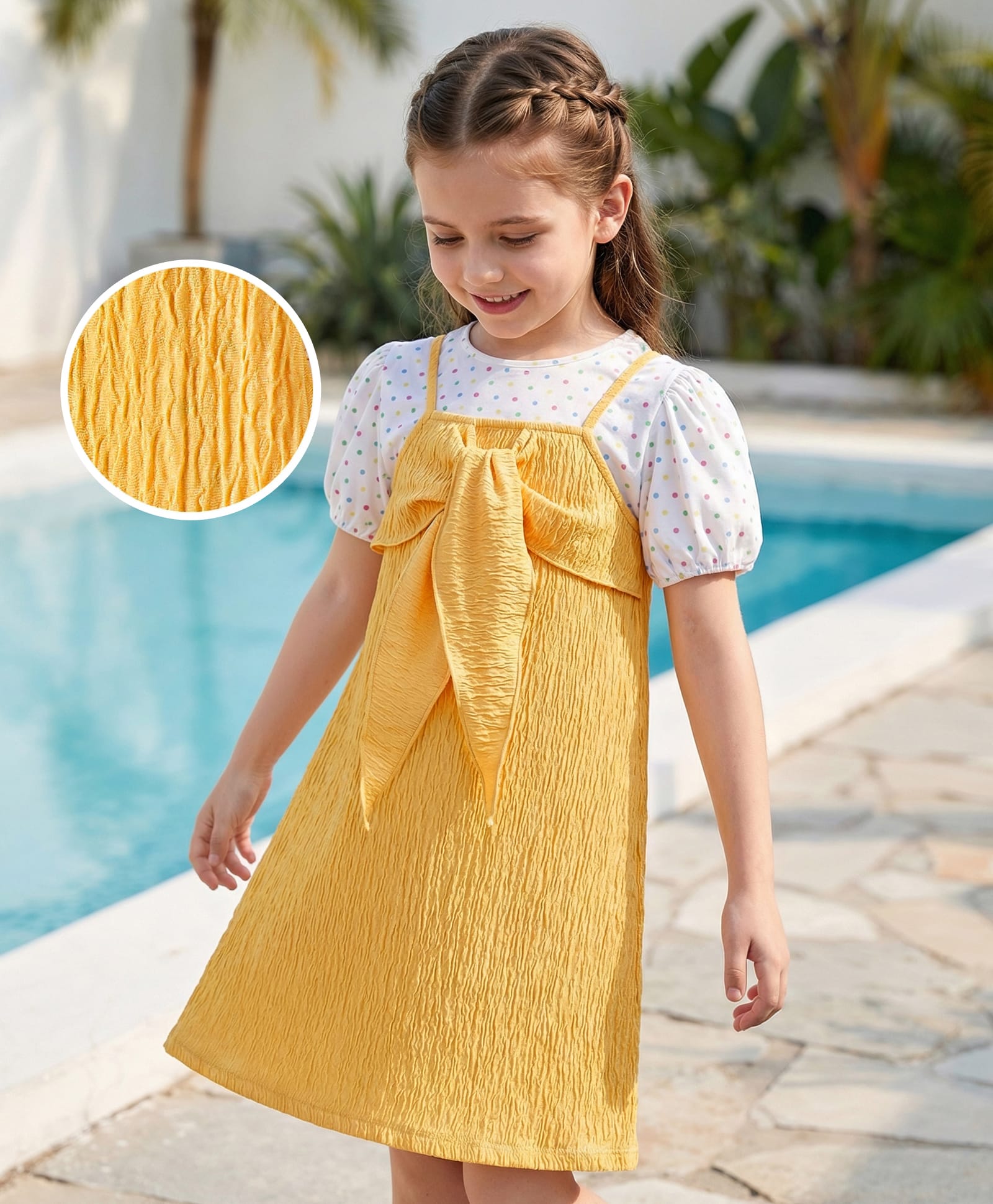 Hola Bonita Half Puffed Sleeves Polka Dots Printed Top with Textured Solid Dress - Mustard-image-40