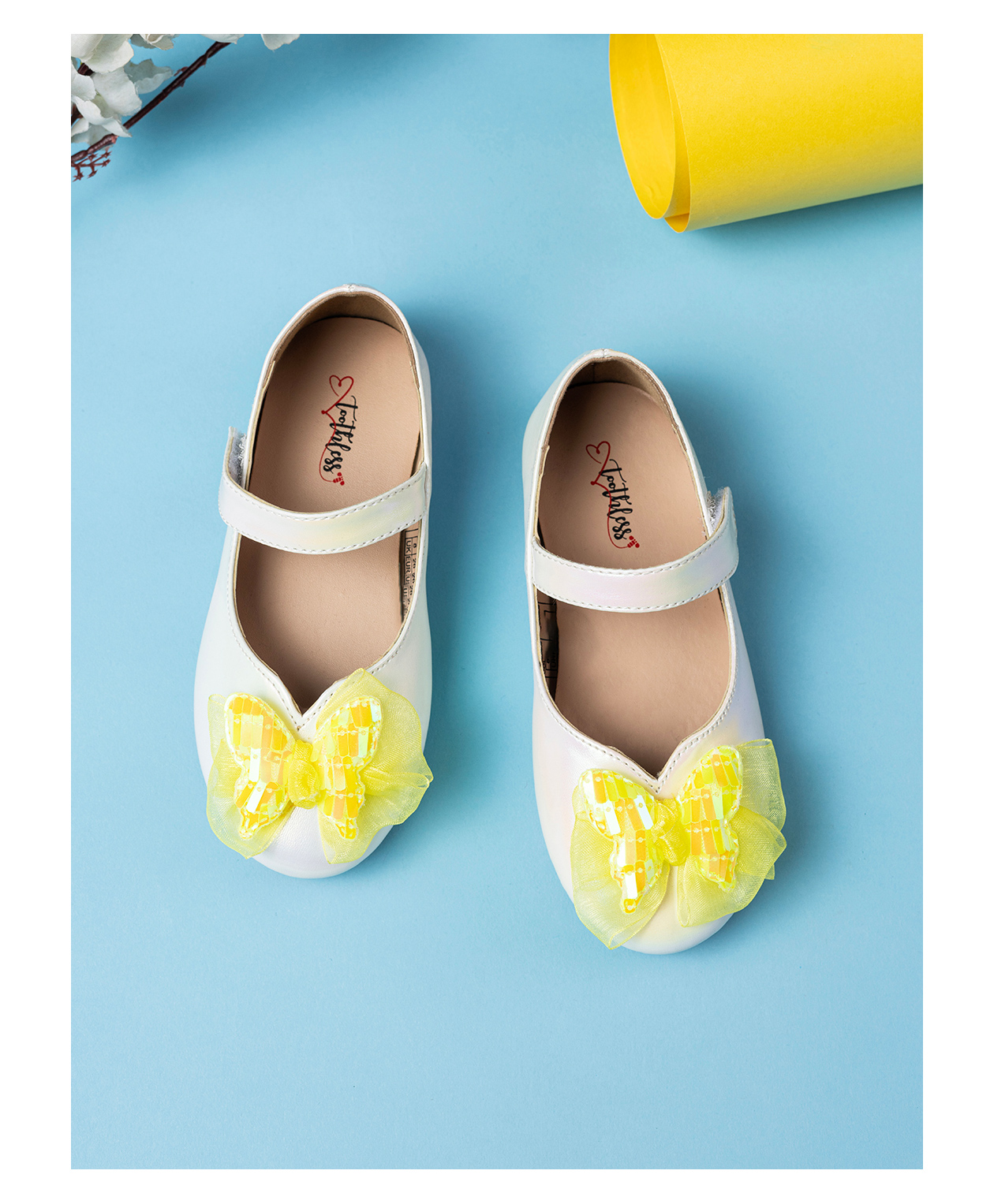 Toothless Bow & Butterfly Applique Detailed Ballerinas With Velcro Closure - White-image-35