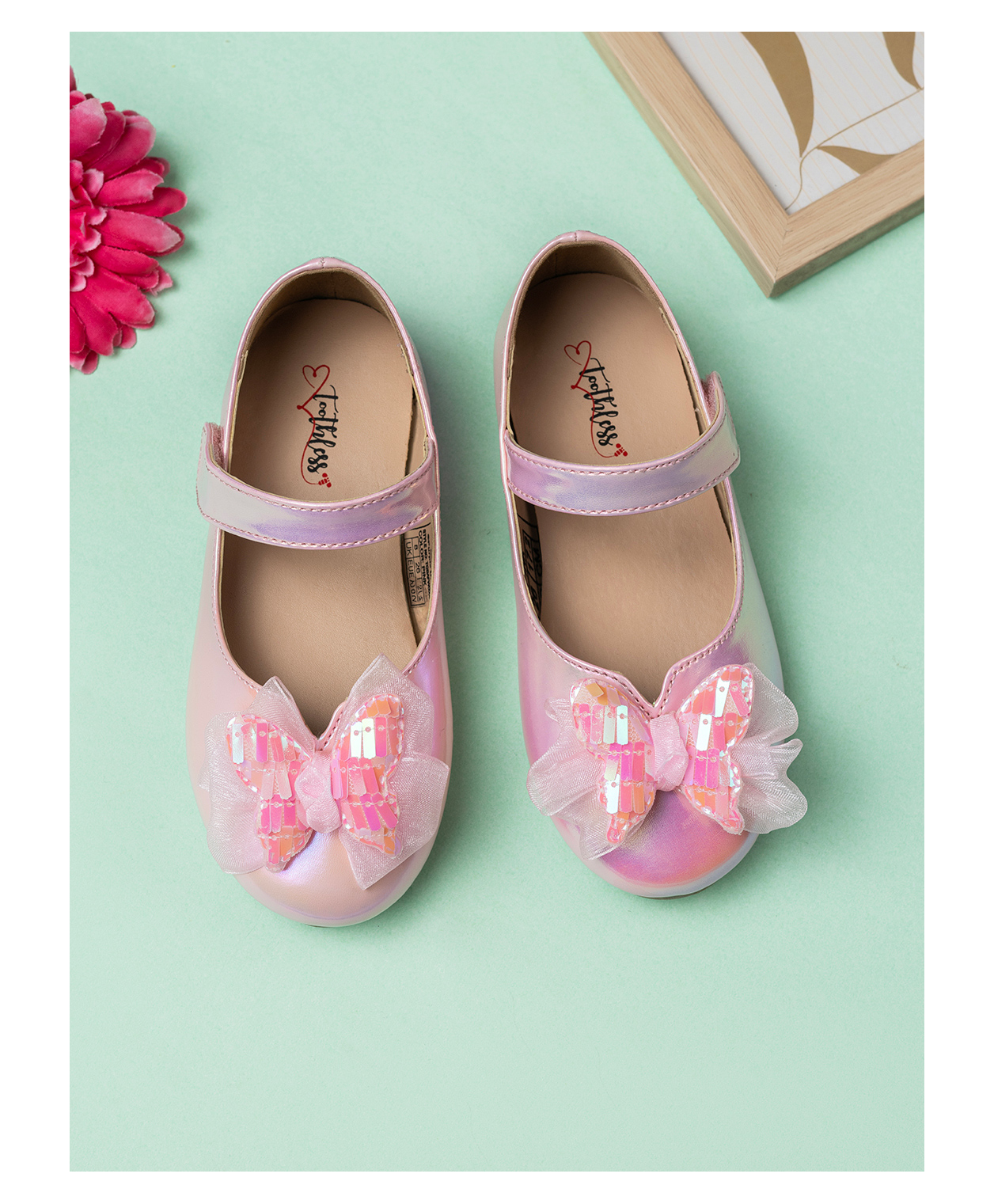 Toothless Bow & Butterfly Applique Detailed Ballerinas With Velcro Closure - Pink-image-32