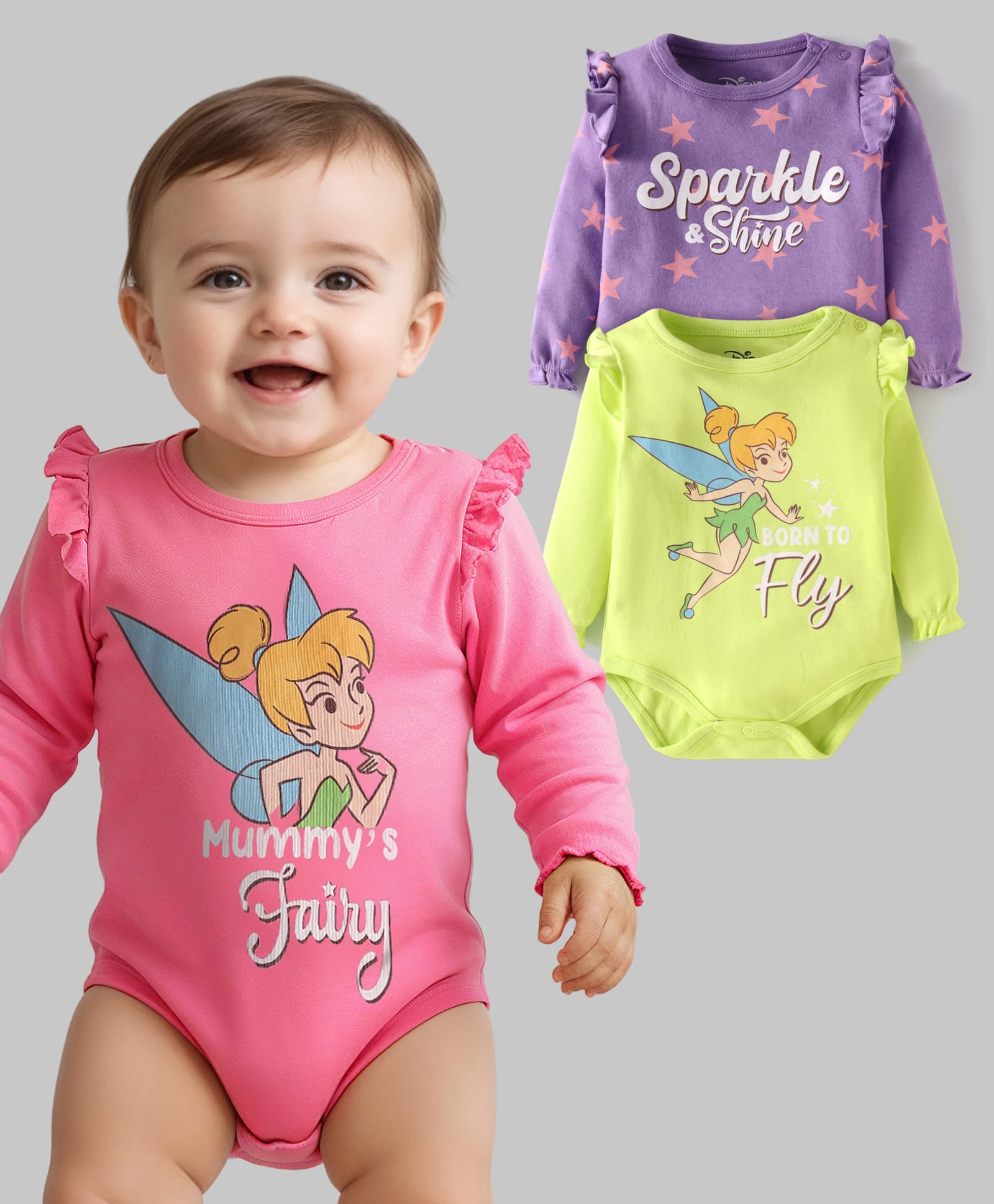 Babyhug Disney Interlock Knit Full Sleeves Onesies with Tinker Bell Graphics & Frill Detailing Pack of 3 - Pink Purple & Lime Green-picture-28