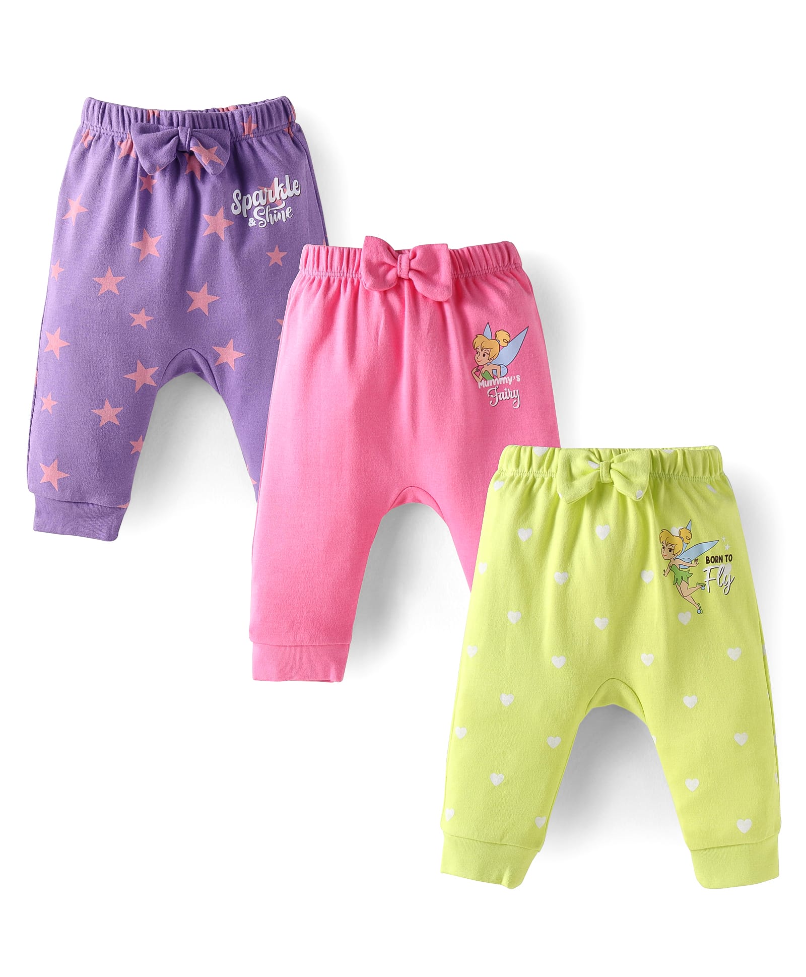 Babyhug Disney Interlock Knit Full Length Star & Tinkerbell Printed Diaper Leggings Pack of 3 - Purple Light Green & Pink-image-16