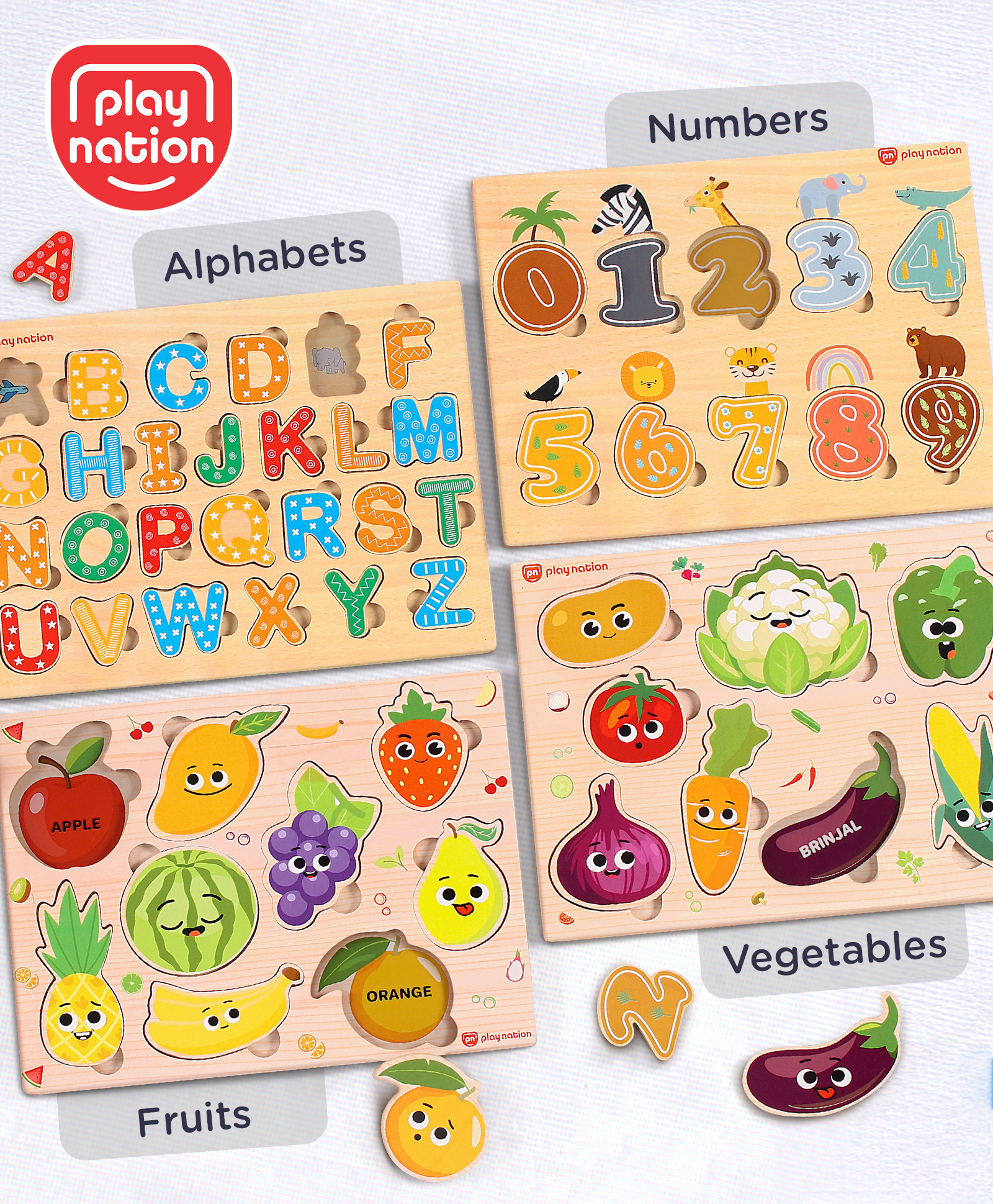 Play Nation Wooden Educational Alphabets Numbers Fruits and Vegetables Puzzles Set of 4 - Beige