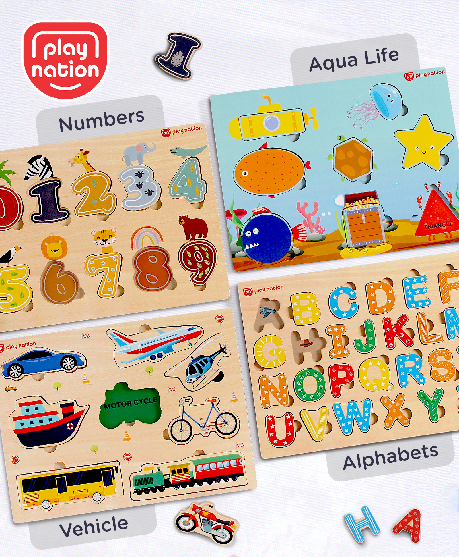 Play Nation Educational Alphabets Numbers Shapes & Vehicles Wooden Puzzles Set of 4 - Brown