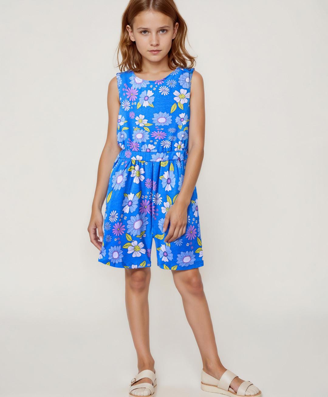 Primo Gino Cotton Knit Sleeveless Jumpsuit With Floral Print - Blue-picture-23