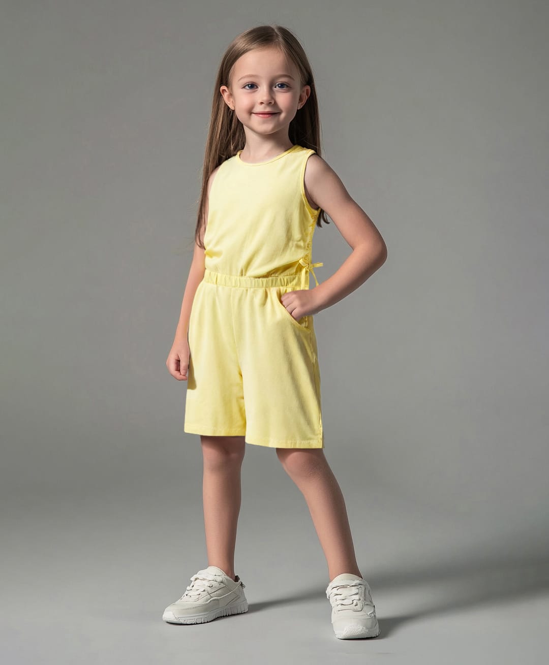 Primo Gino Cotton Knit Sleeveless Gathered Waistline Solid Jumpsuit - Yellow-picture-10