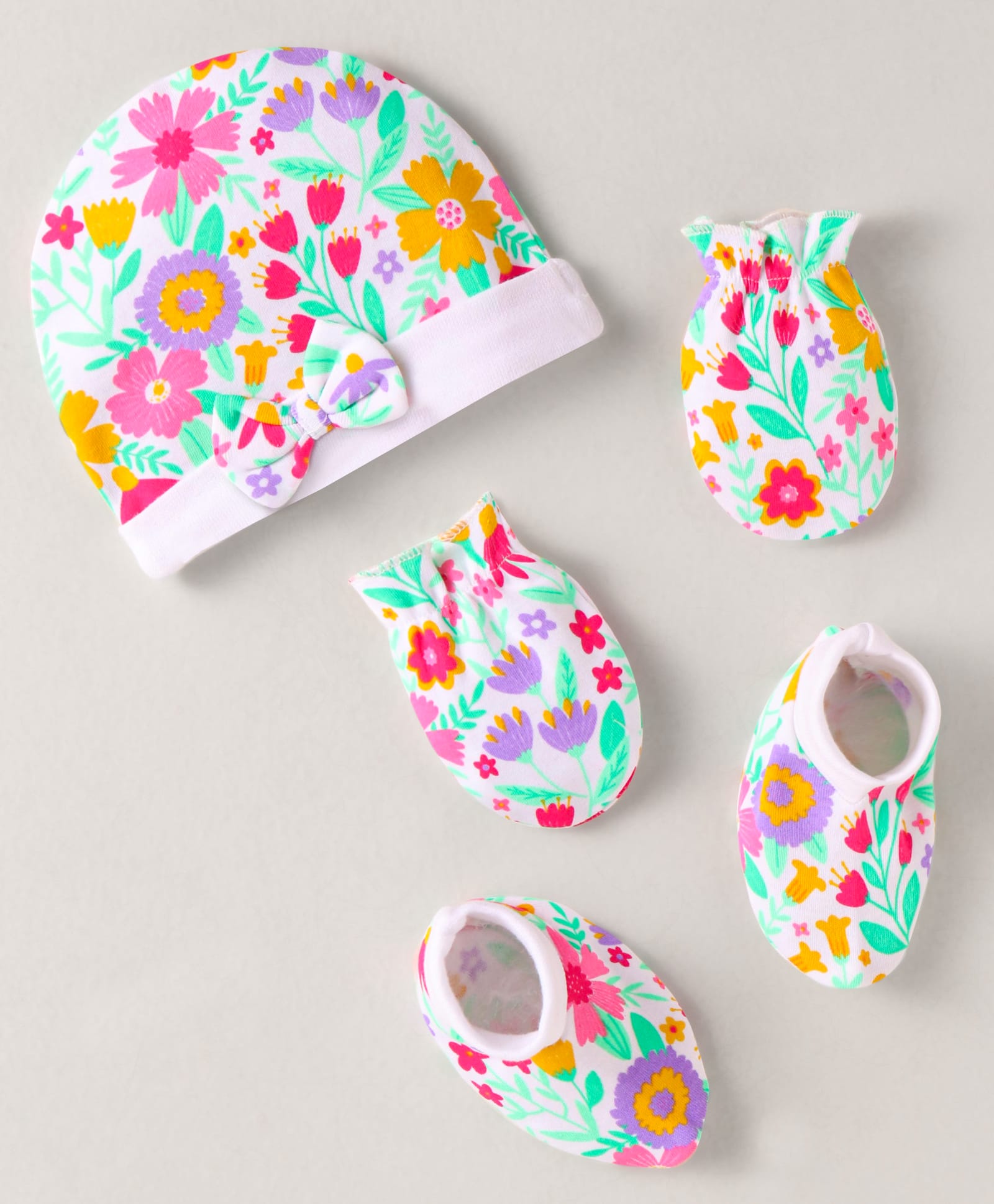 Babyhug Interlock Knit Floral Print Cap Mittens &Booties - White Purple Pink-image-26