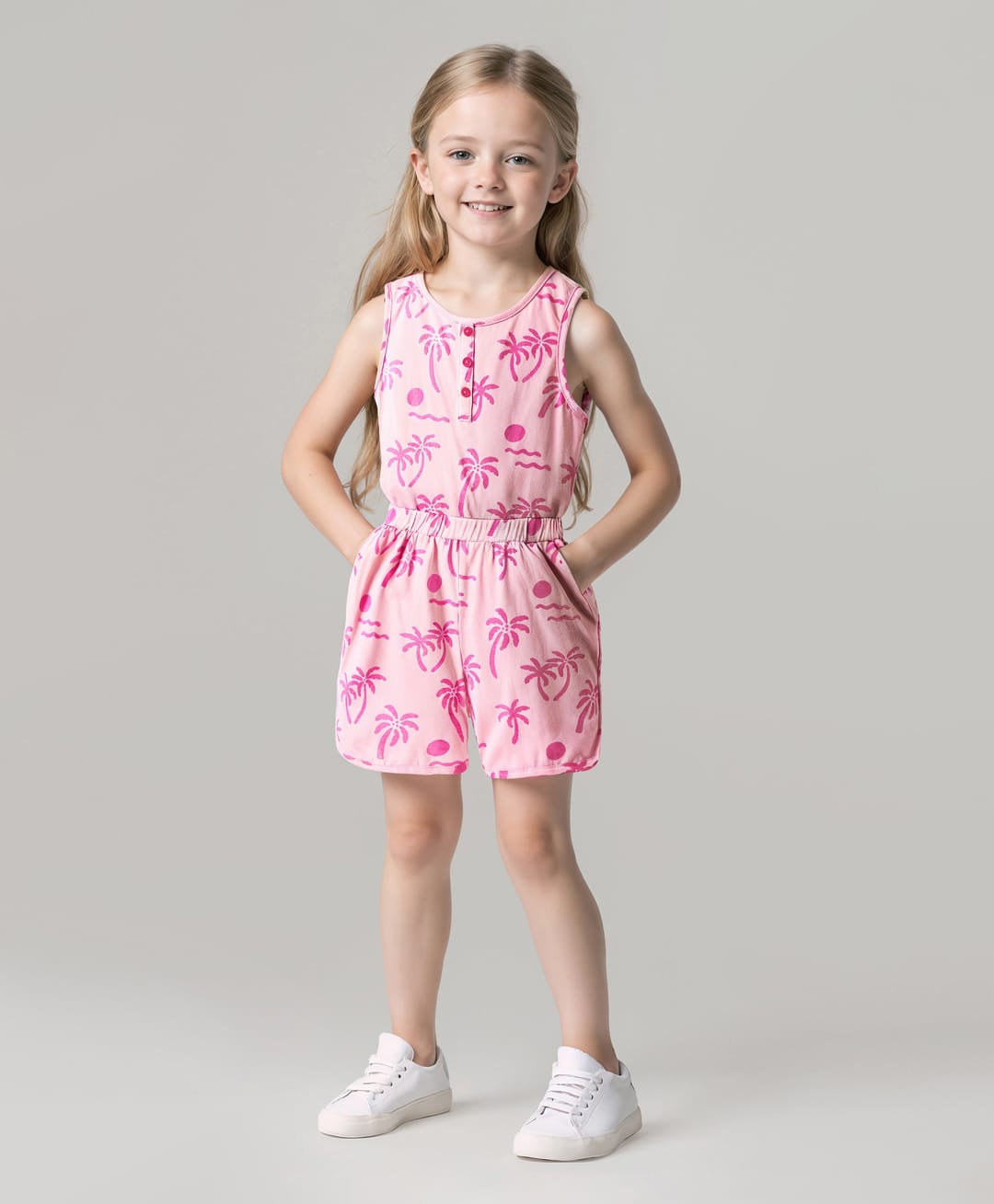 Primo Gino Cotton Knit Sleeveless Jumpsuit with Beach Theme Print - Pink-picture-16