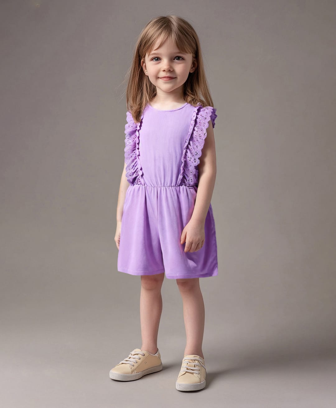 Primo Gino Cotton Knit Sleeveless Jumpsuit with Floral Embroidery & Frill Detailing - Lilac-picture-23