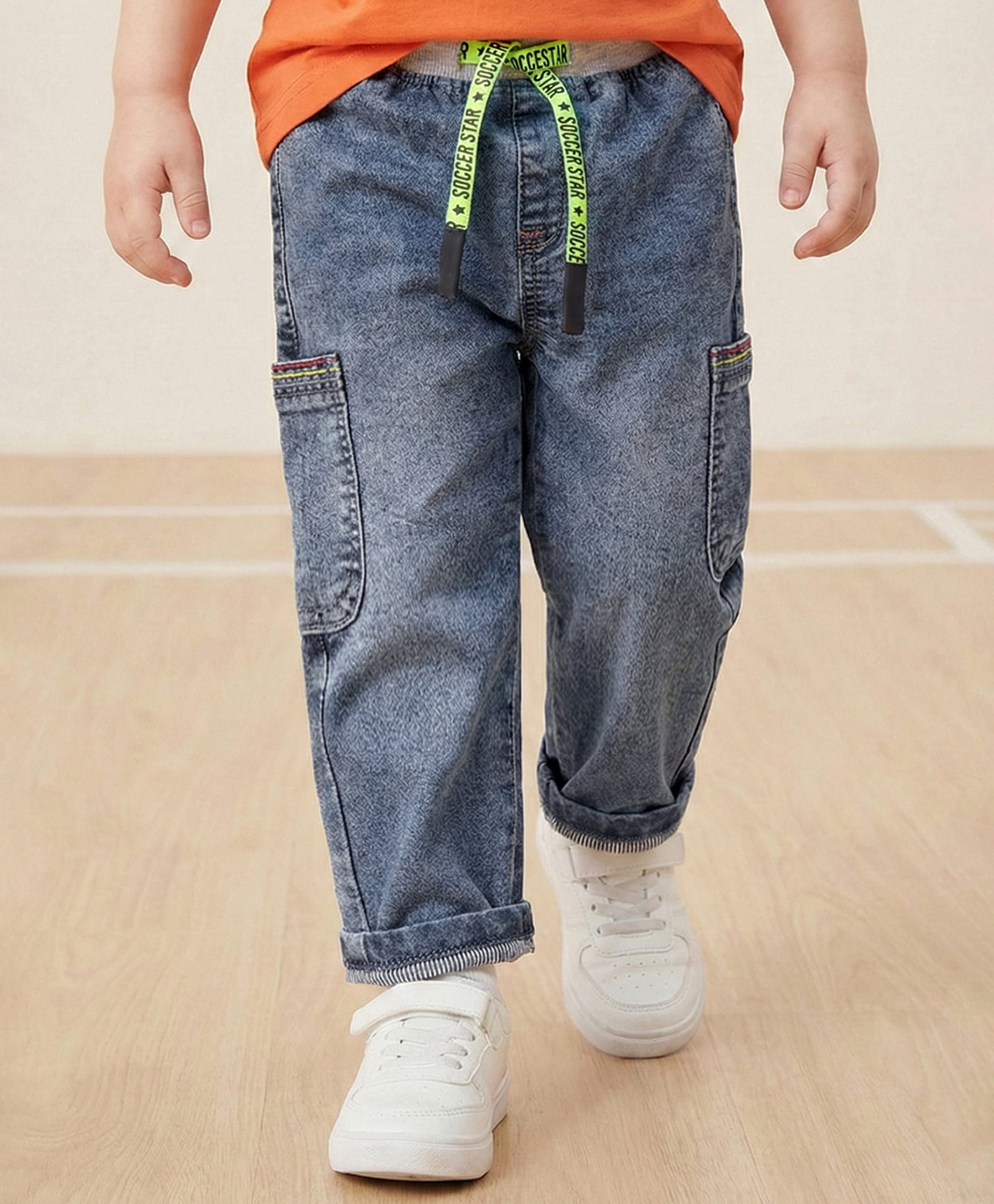 Babyhug Denim Full Length Washed Jeans With Stretch & Cargo Pockets - Blue