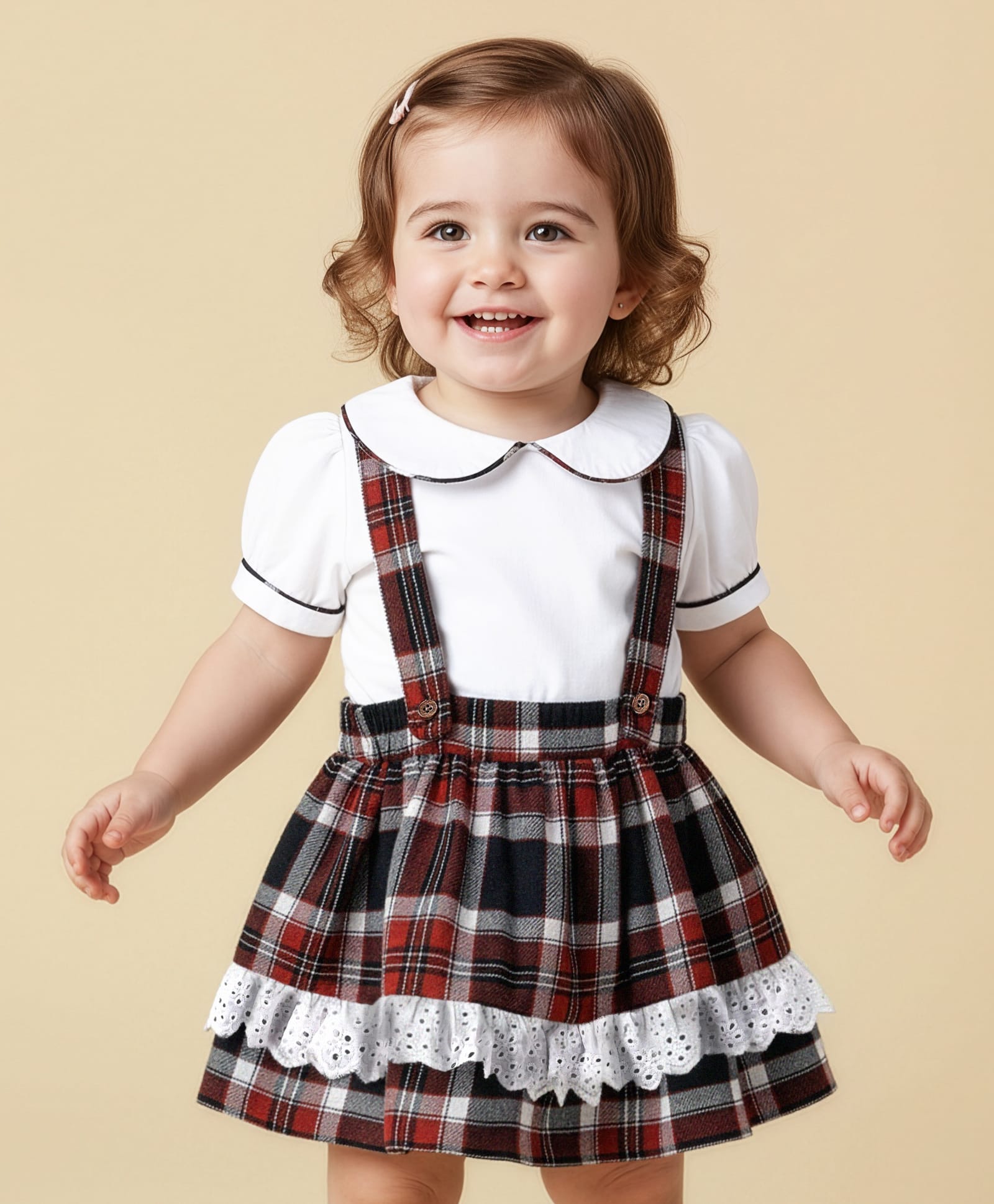 Babyoye Cotton Woven Peter Pan Collar Half Sleeves Checkered Frocks With Inner Tee - White & Red