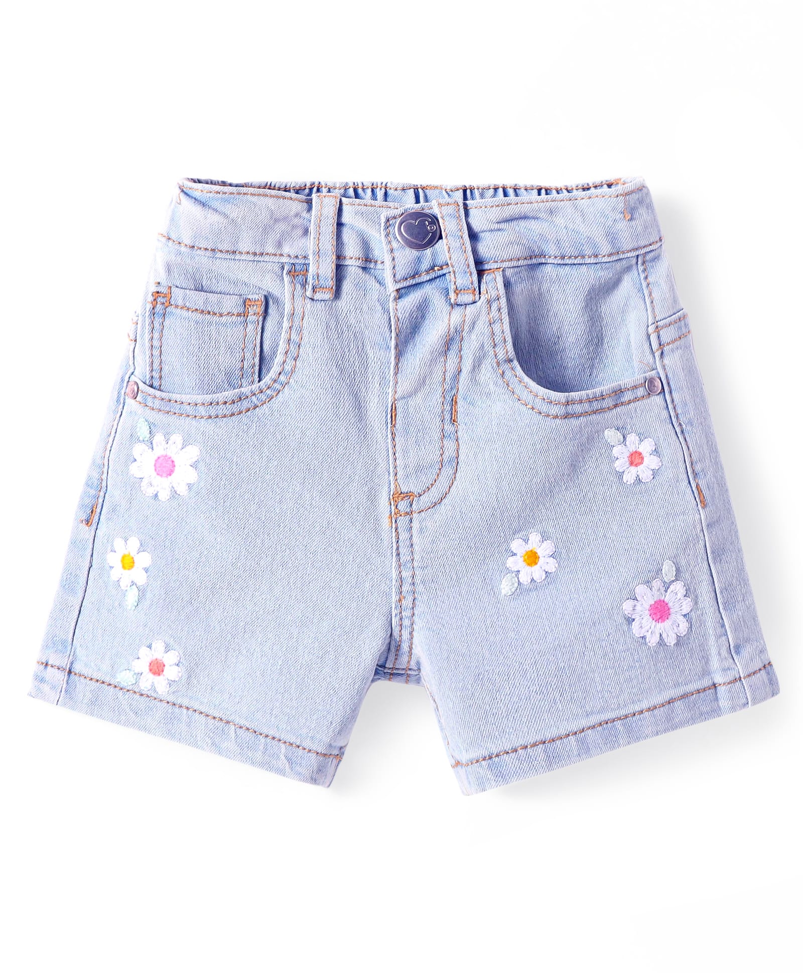 Babyhug Mid Thigh Washed Denim Shorts With Floral Embroidery & Stretch - Light Blue-picture-10