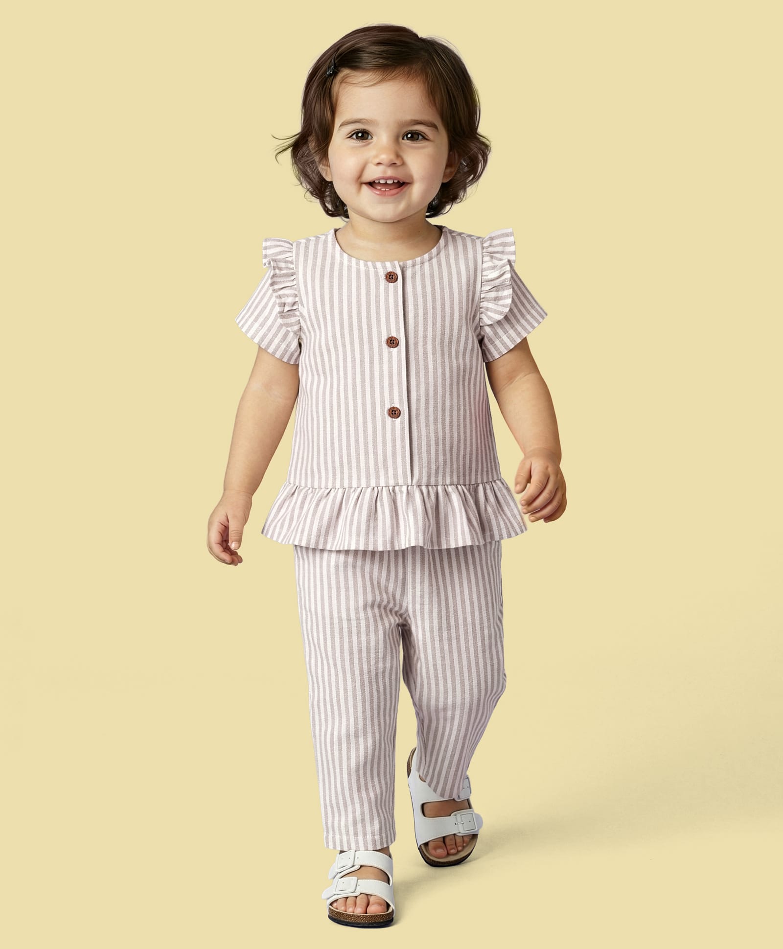 Babyoye Cotton Woven Half Sleeves Co-Ord Top & Trouser Set With Stripes & Frill Detailing - Beige-image-10