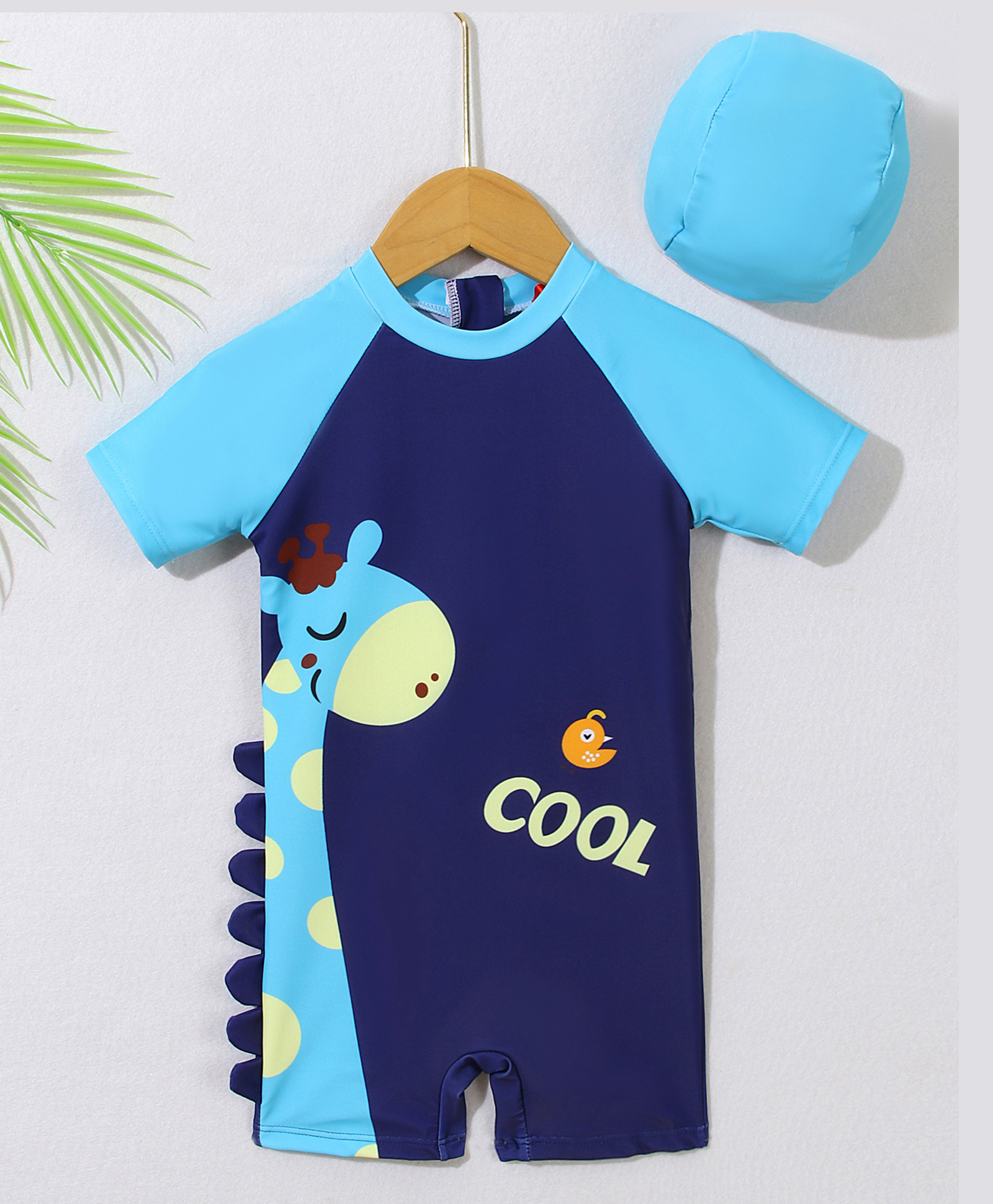 Babyhug Half Sleeves Legged Swimsuit with Cap Giraffe Print - Navy Blue-image-8