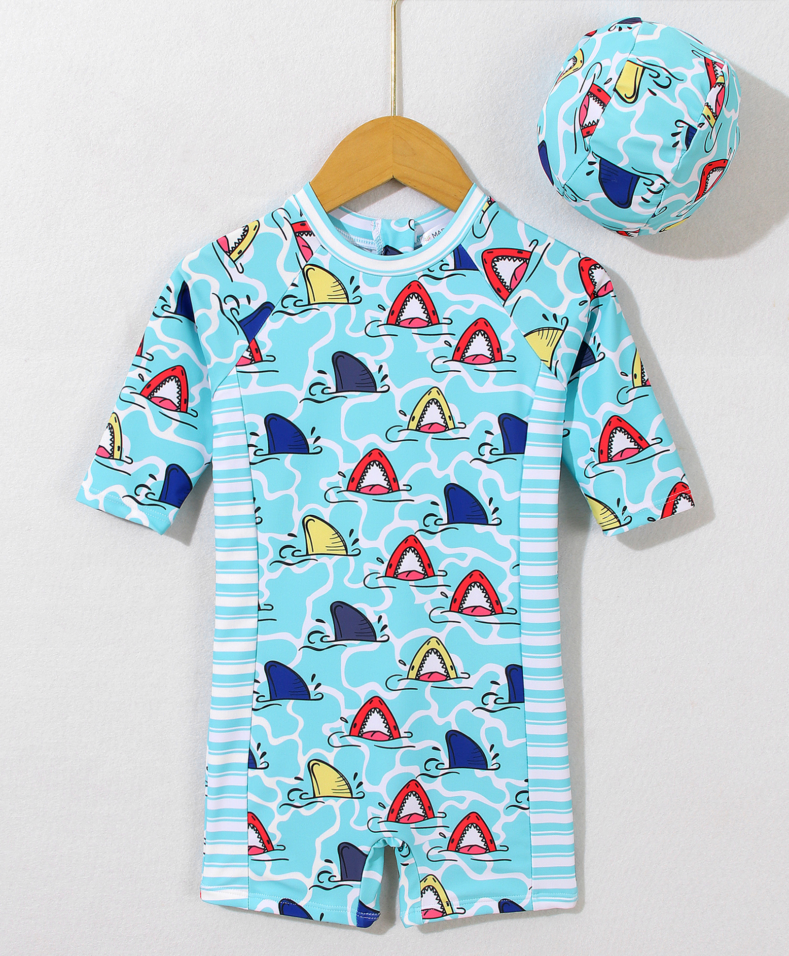 Mark & Mia Half Sleeves Legged Swimsuit with Cap Shark Print - Light Blue-image-30