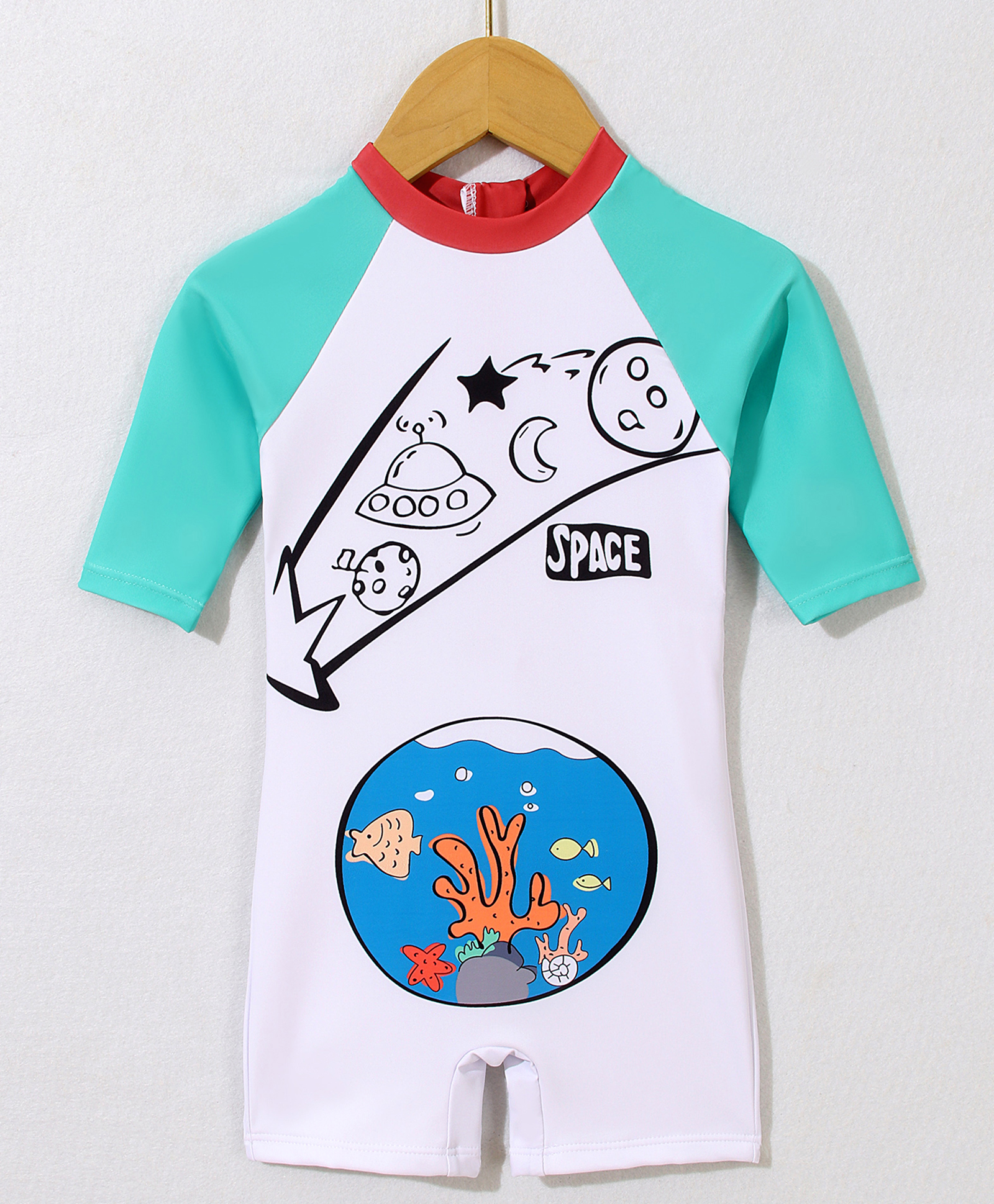 Mark & Mia Half Raqlan Sleeves Legged Swimsuit withSpace Print -White