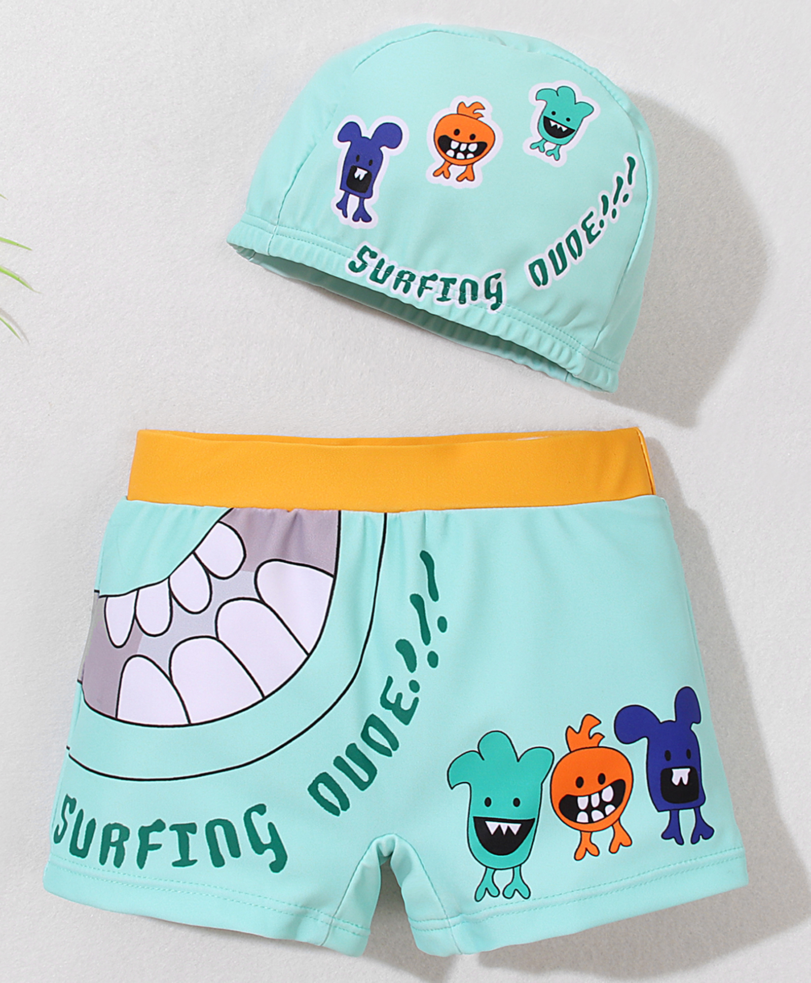 Babyhug Swimming Trunk with Cap Cartoon Print - Green