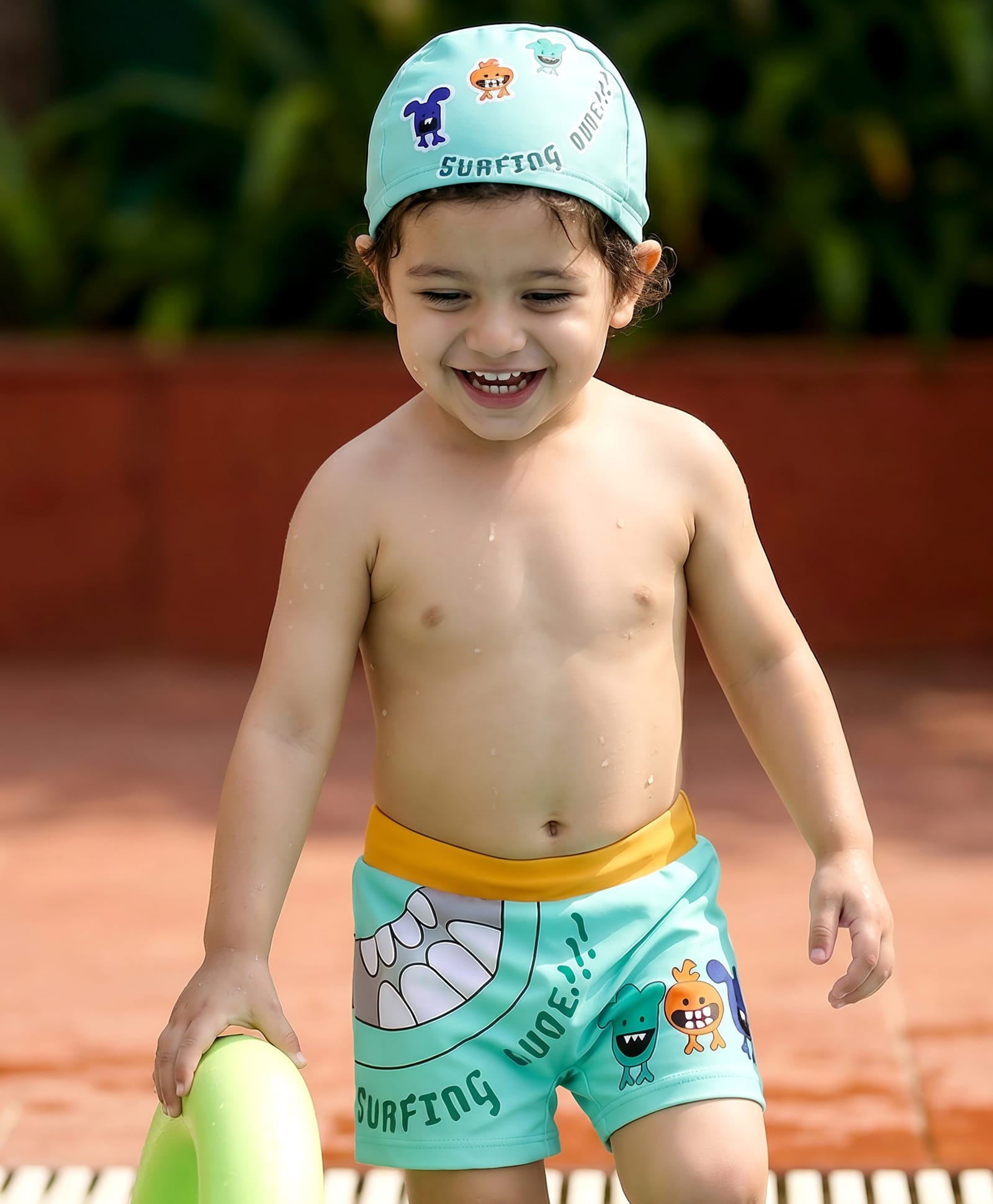 Babyhug Swimming Trunk with Cap Cartoon Print - Green-image-18
