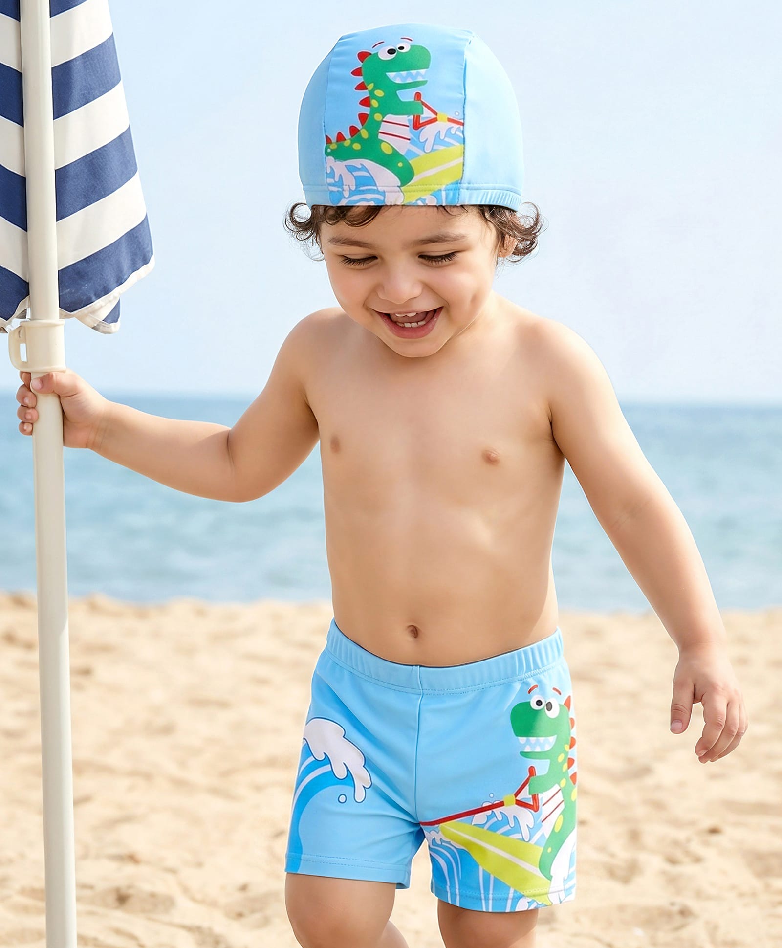Babyhug Swimming Trunk with Cap Dino Print - Light Blue-image-42