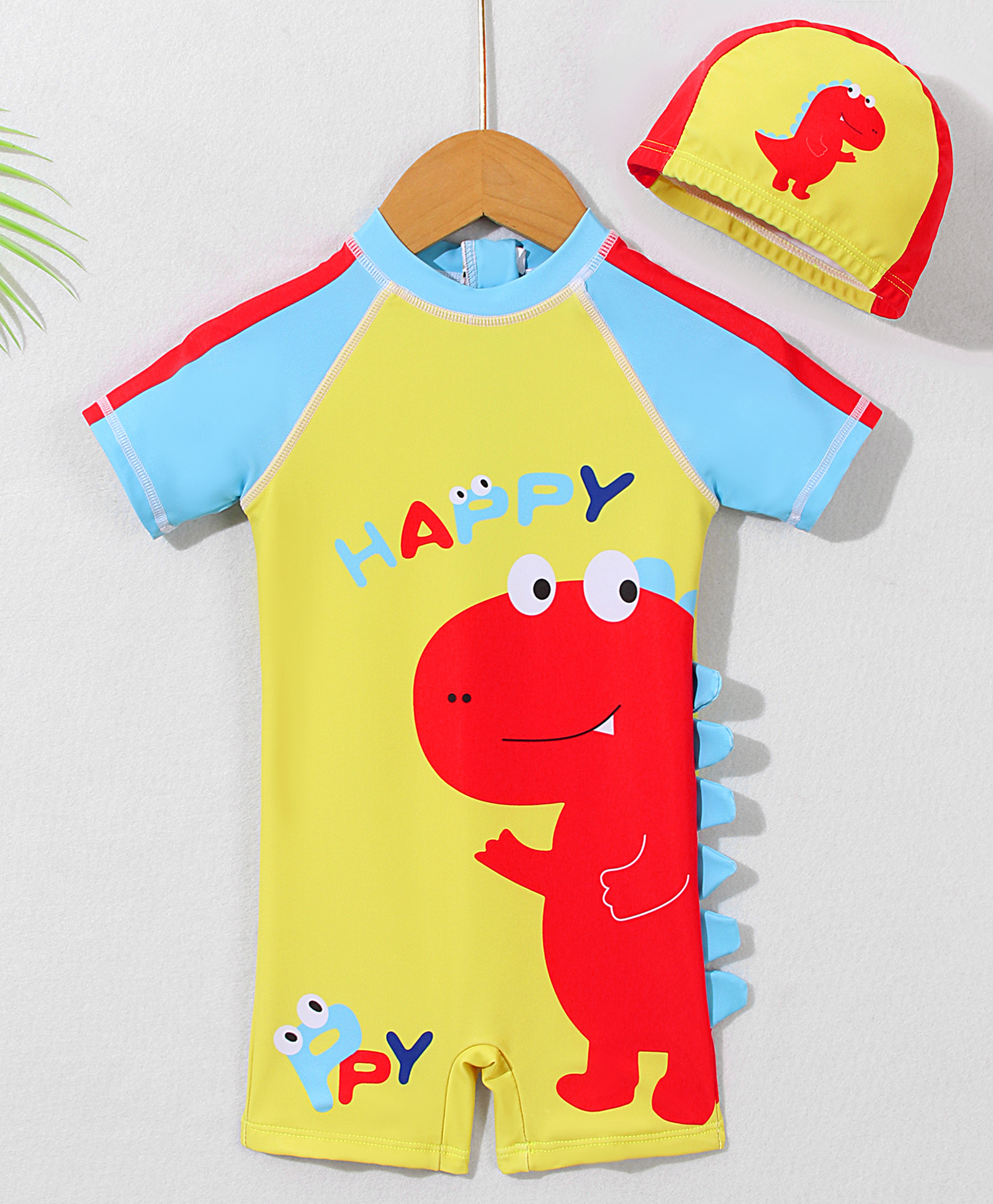 Mark & Mia Half Raglan Sleeves Legged Swimsuit with CapDinoPrint -Yellow-image-15