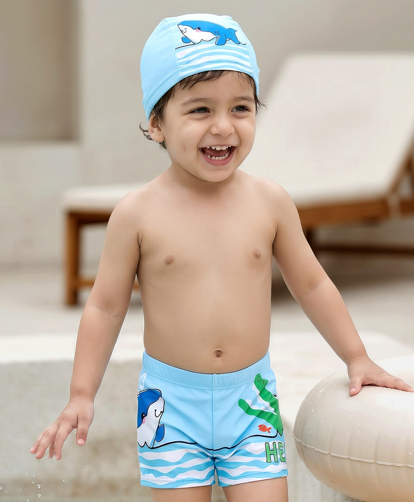 Babyhug Swimming Trunk with Cap Dolphin Print - Light Blue-image-0