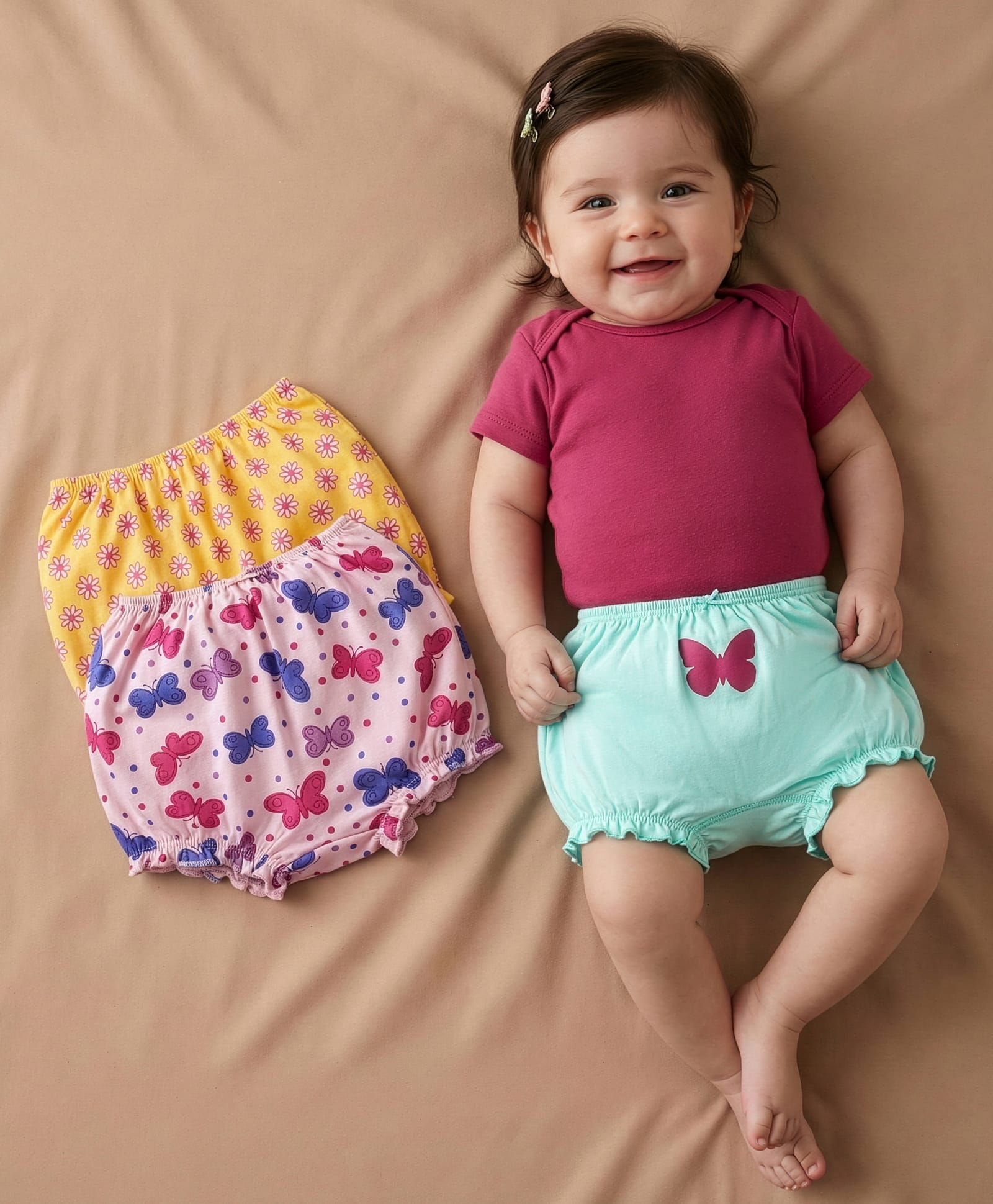 Babyoye Cotton Elastane Knit Bloomers With Floral & Butterfly Print Pack Of 3 - Pink Yellow & Light Blue-image-46