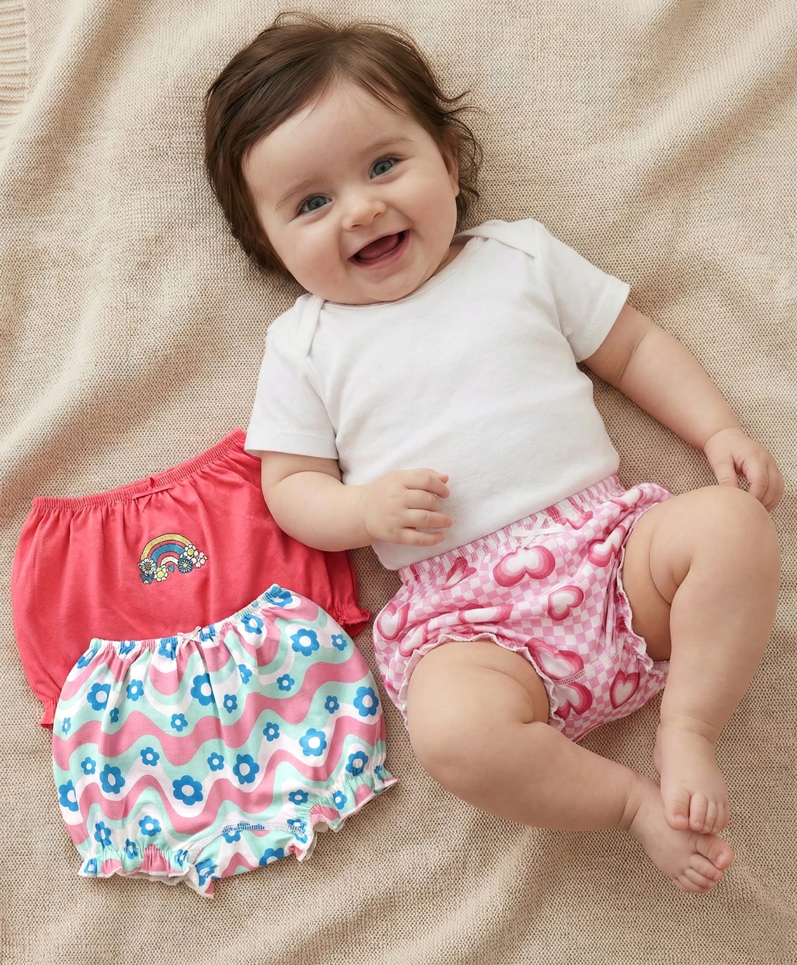 Babyoye Cotton Elastane Knit Bloomers With Floral & Heart Print Pack Of 3 - Pink & Light Blue-image-38