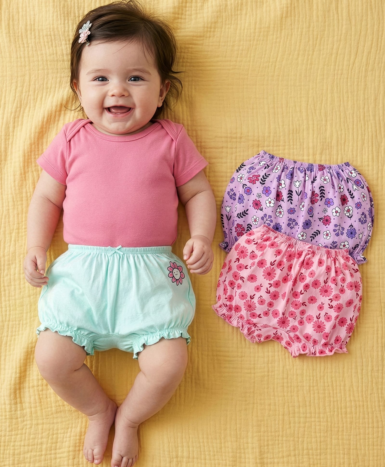 Babyoye Cotton Elastane Knit Bloomers With Floral Print Pack Of 3 - Purple Pink & Light Blue-image-24