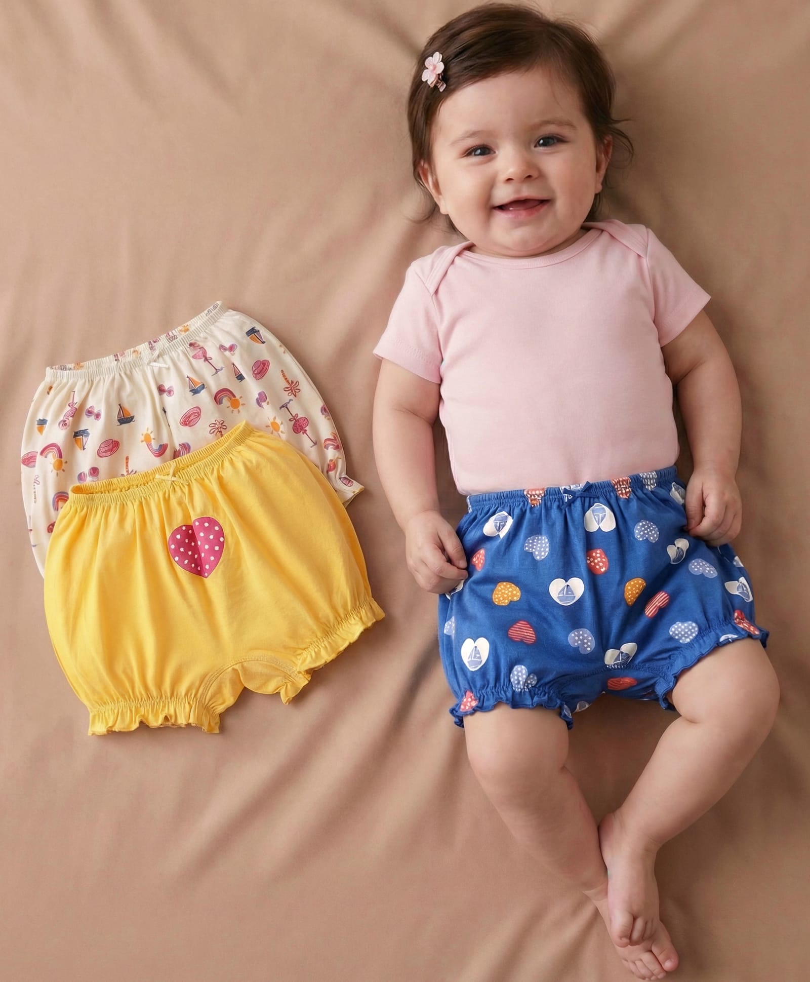 Babyoye Cotton Elastane Knit Printed Bloomers Pack of 3 - Yellow White & Blue-image-23