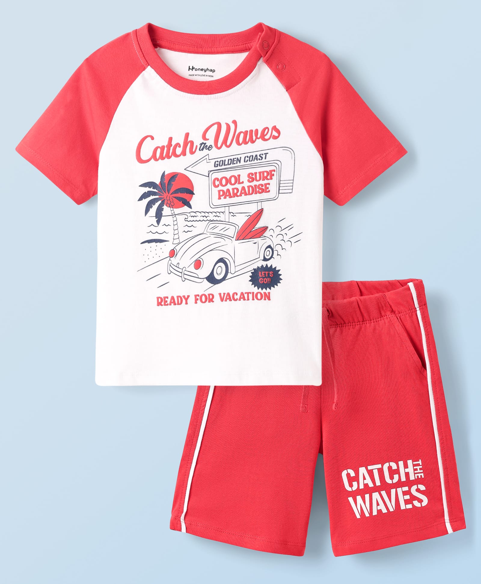 Honeyhap Premium 100% Cotton Knit Half Raglan Sleeves Shorts Night Suit with Bio Finish & Beach Theme Print - Bright White & High Risk Red-picture-14