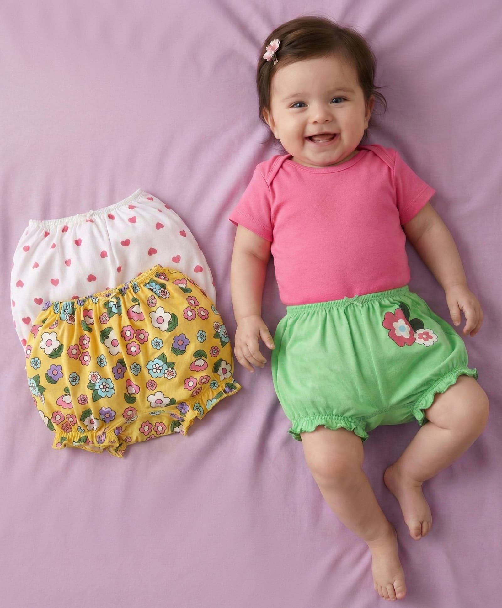 Babyoye Cotton Elastane Knit Bloomers With Heart & Floral Print Pack Of 3 - Light Green Yellow & White-image-36