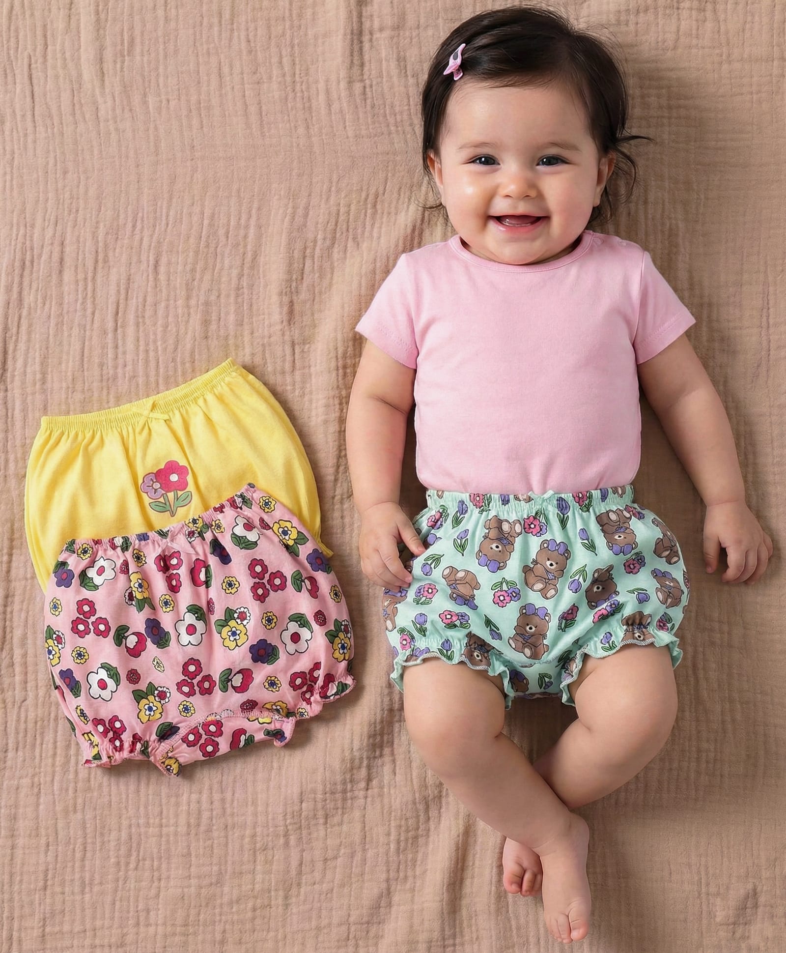 Babyoye Cotton Elastane Knit Bloomers With Bear & Floral Print Pack Of 3 - Pink Yellow & Light Blue-image-6