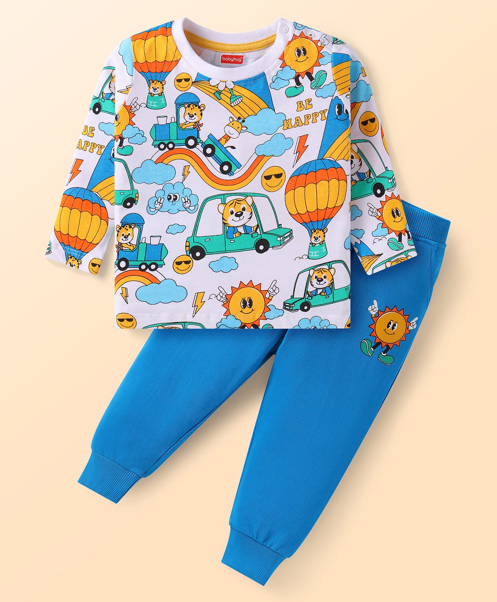 Babyhug Single Jersey Knit Full Sleeves T-Shirt & Joggers Set with Animal Print - Blue & White-picture-17