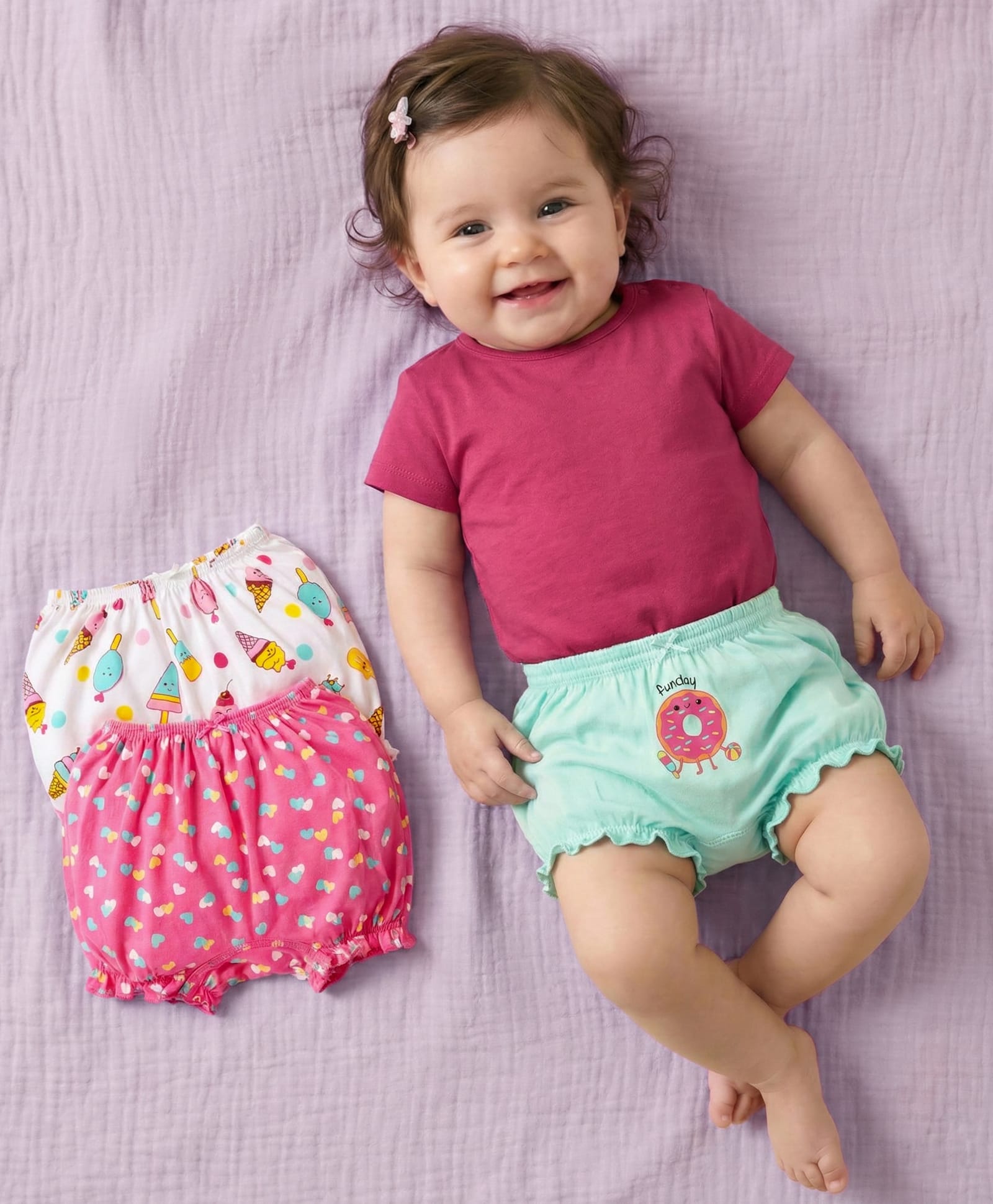 Babyoye Cotton Elastane knit Bloomers With Heart & Ice Cream Print Pack Of 3 - Pink White & Light Green-image-48