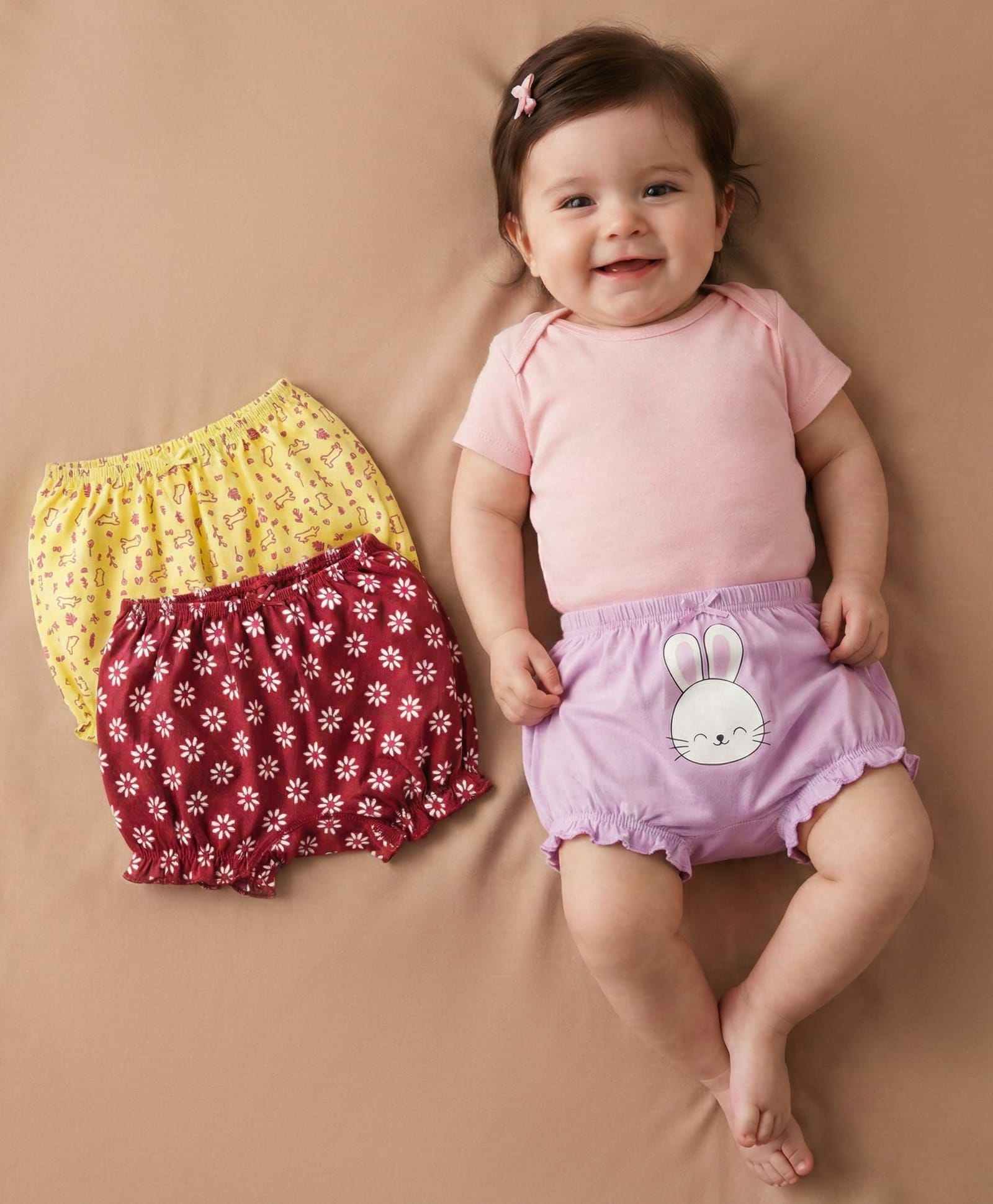 Babyoye Cotton Elastane Knit Floral & Bunny Printed Bloomers Pack of 3 - Lilac Maroon & Yellow-image-33