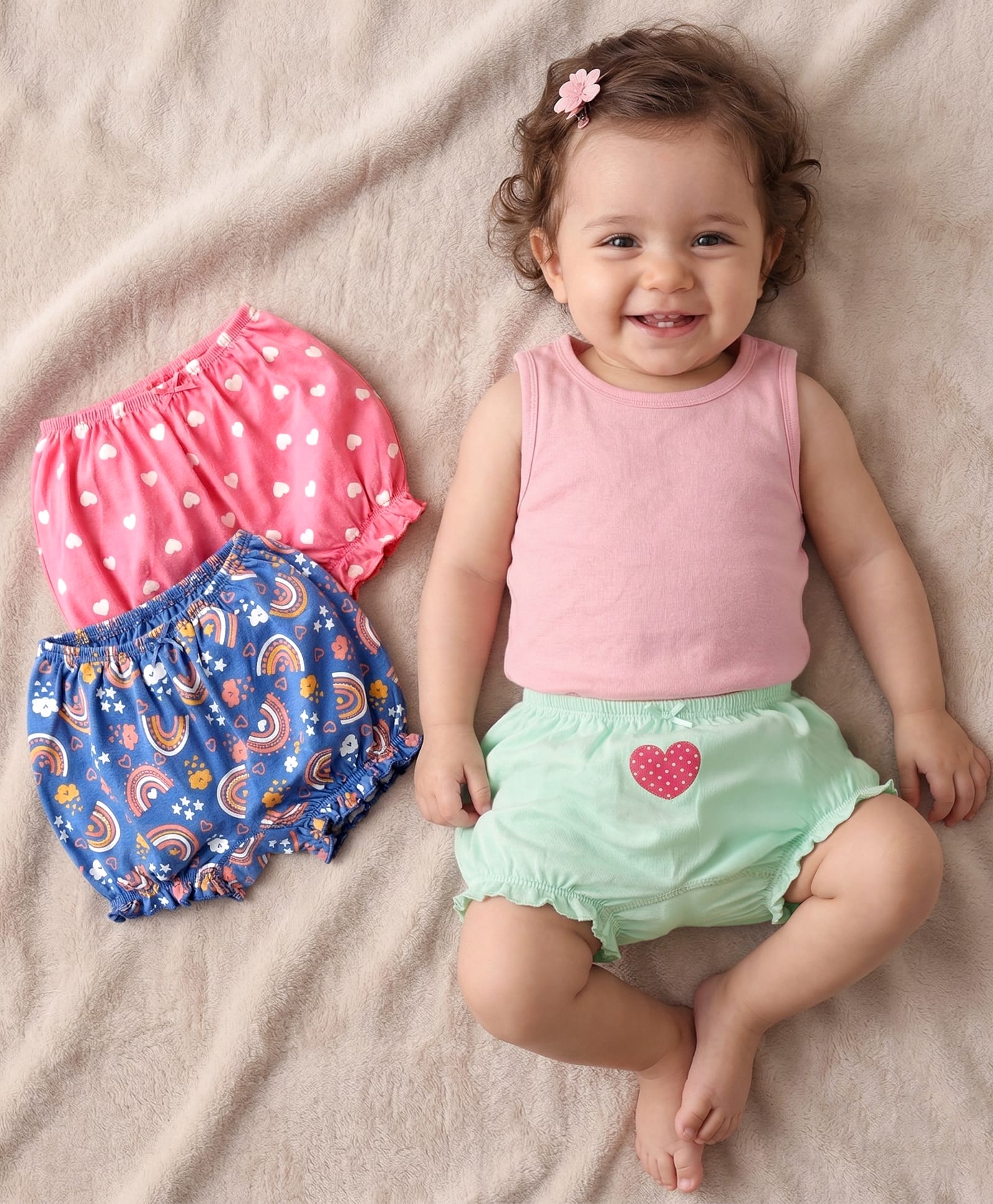 Babyoye Cotton Elastane Knit Heart & Rainbow Printed Bloomers Pack of 3 - Pink Sea Green & Blue-image-40