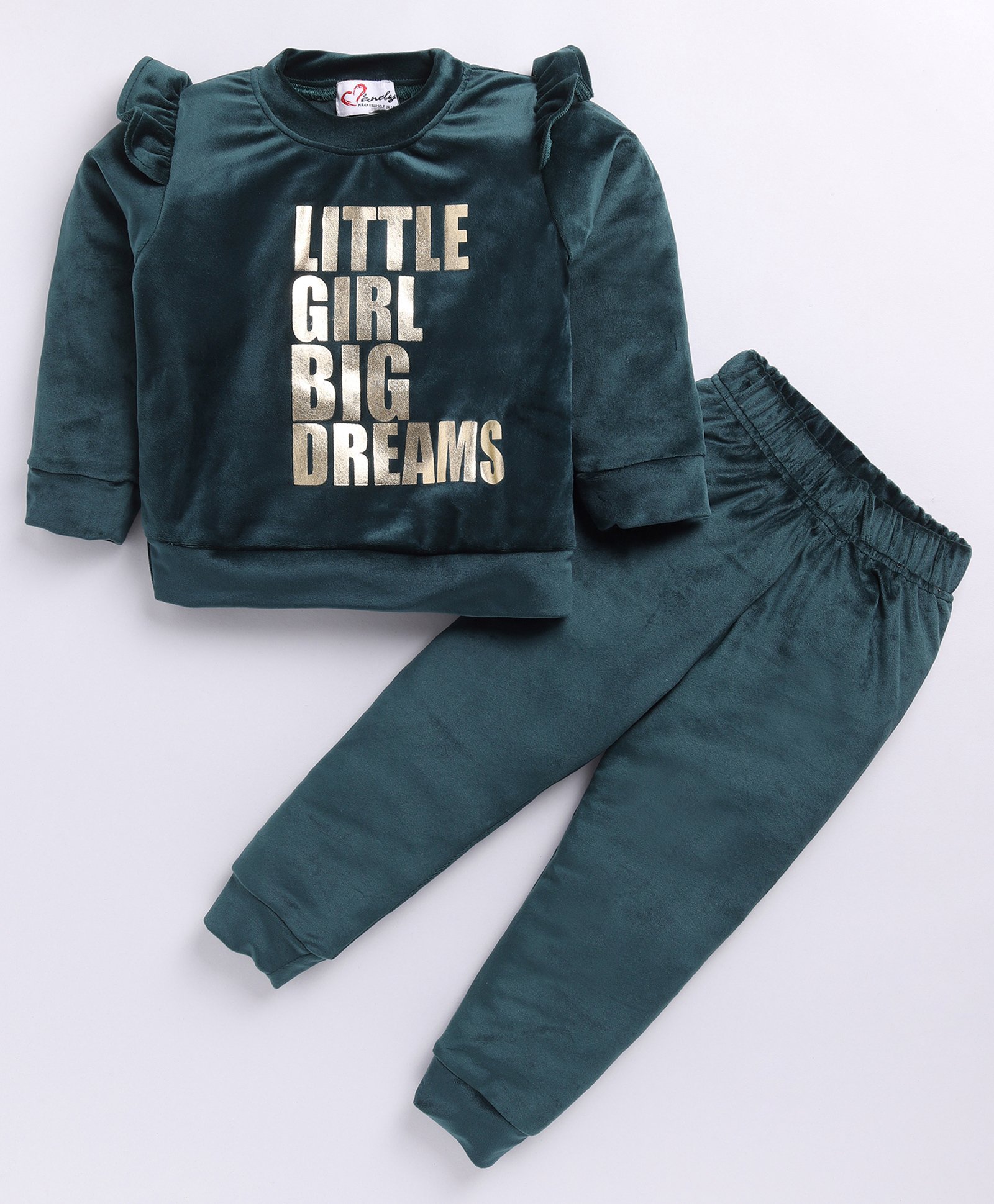 M'andy Velvet Full Sleeves Frill Detailed Little Girl Big Dreams Foil Text Printed Coordinating Track Suit Set - Green-image-23