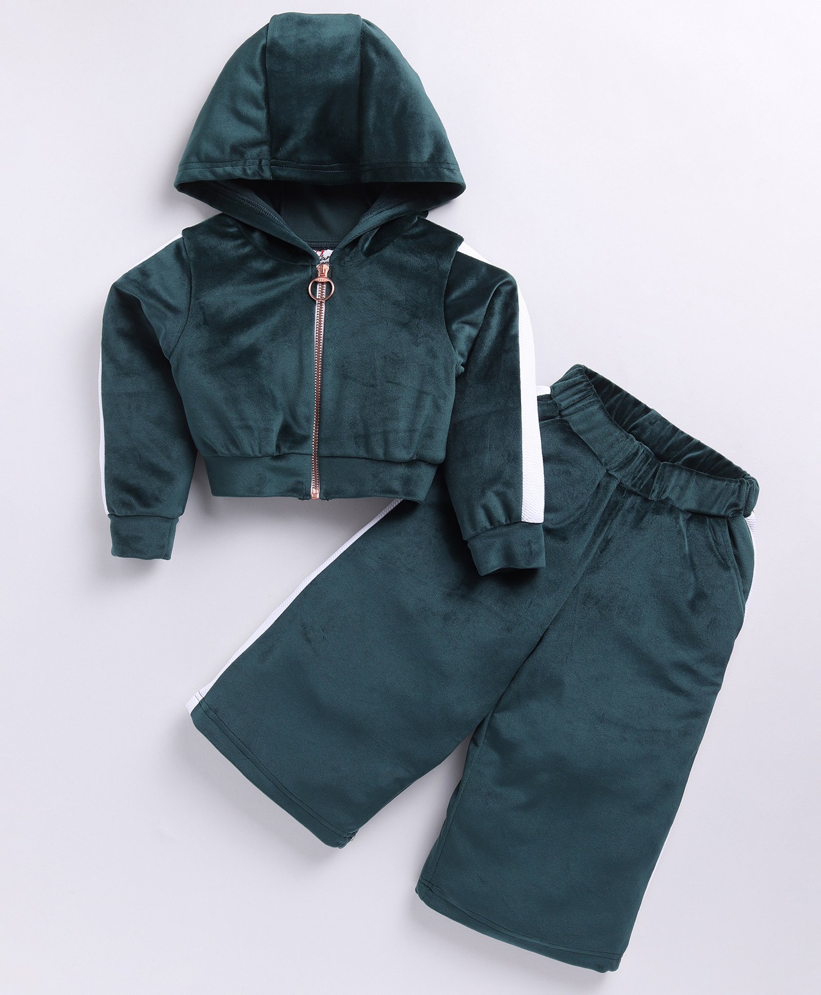M'andy Velvet Full Sleeves Side Tap Hooded Crop Top With Coordinating Pant Set - Green-image-4