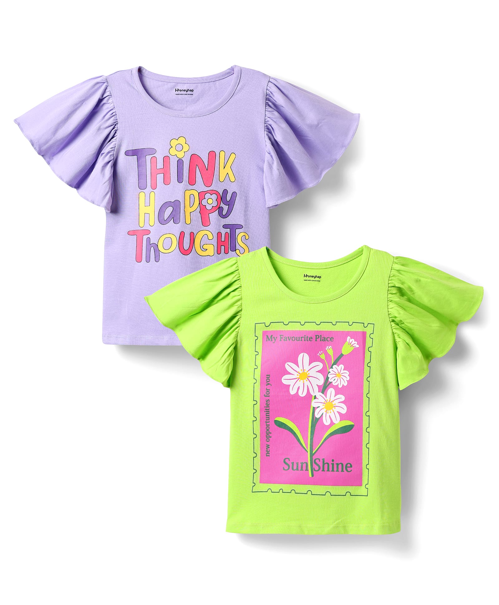 Honeyhap 100% Premium Cotton Bio Finish Flutter Sleeves Tops with Floral & Text Print Pack of 2 - Mint & Fandango Pink-picture-24
