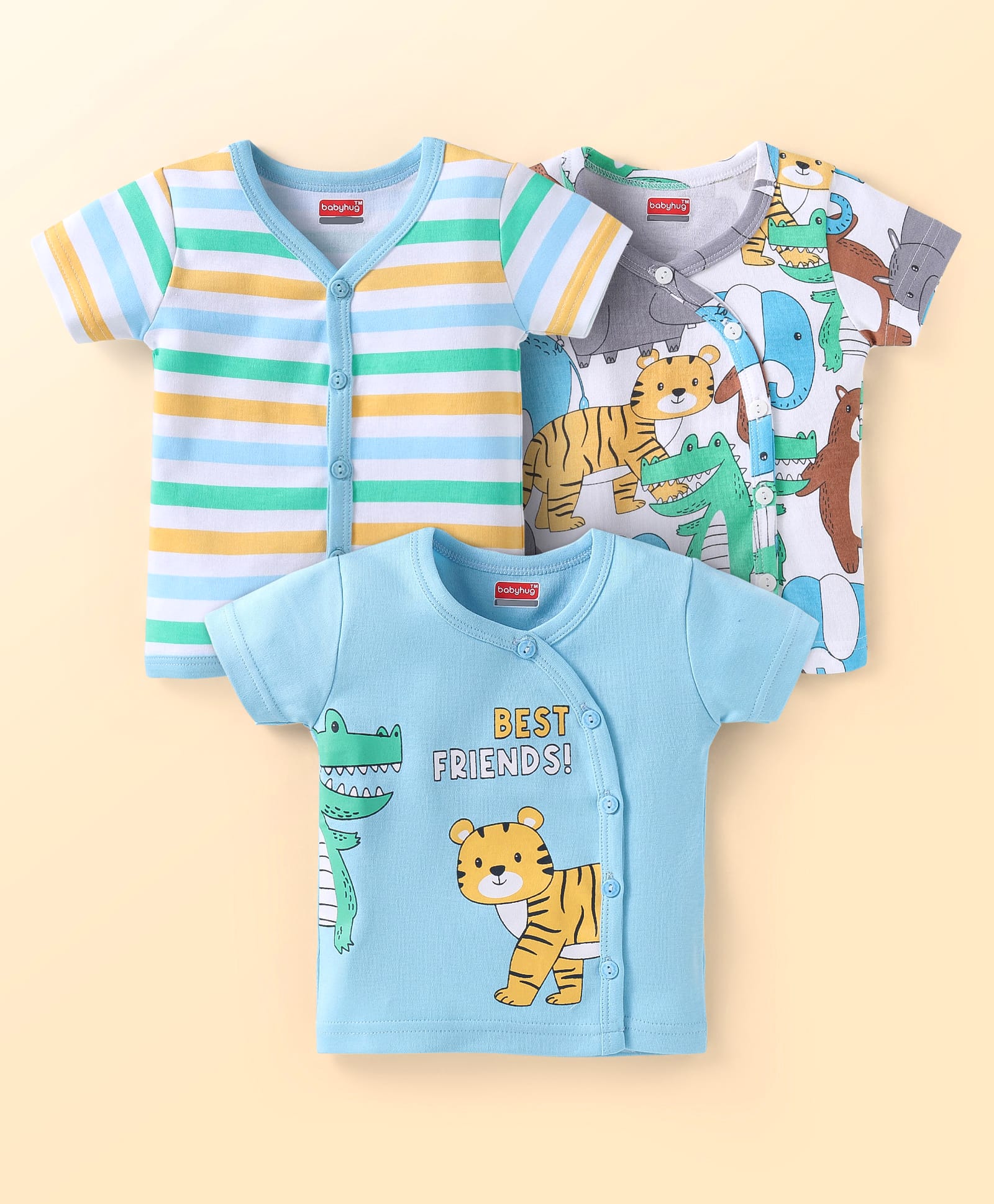 Babyhug Interlock Knit Half Sleeves Front Open Vests with Animal Print & Stripes Pack of 3 - Light Blue & White