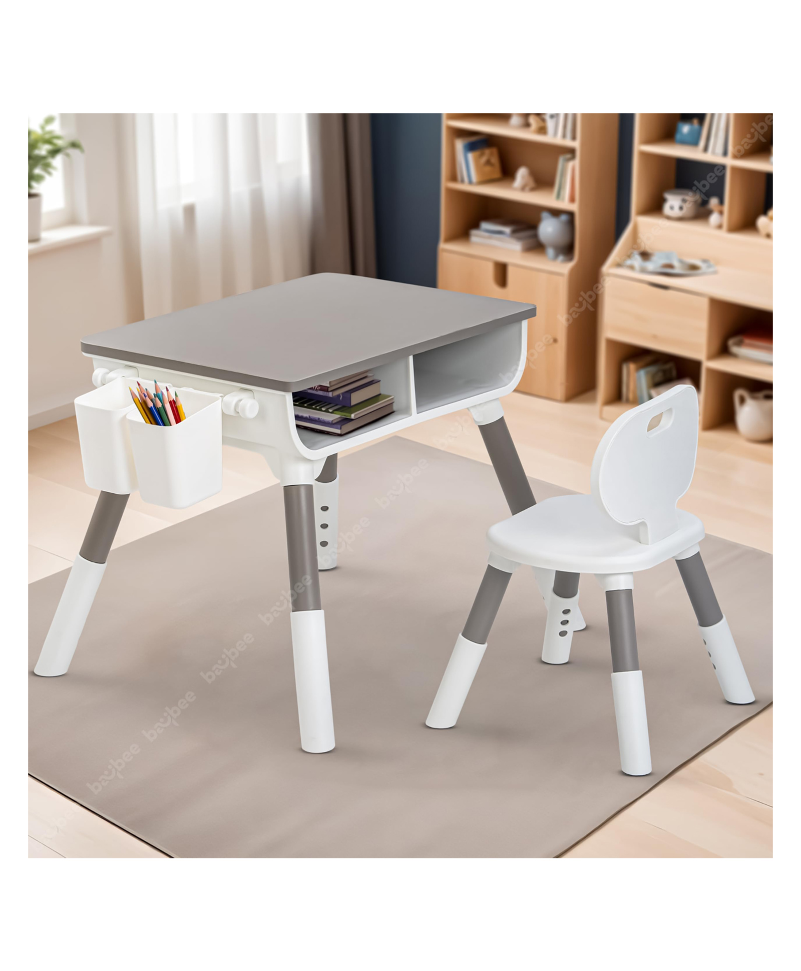 BAYBEE Brilo Kids Study Table for Students with Chair, 3 Height Adjustable Table & Storage | Desk & Chair Set for Kids at Home or School | Reading & Writing Study Table (Grey)-picture-27