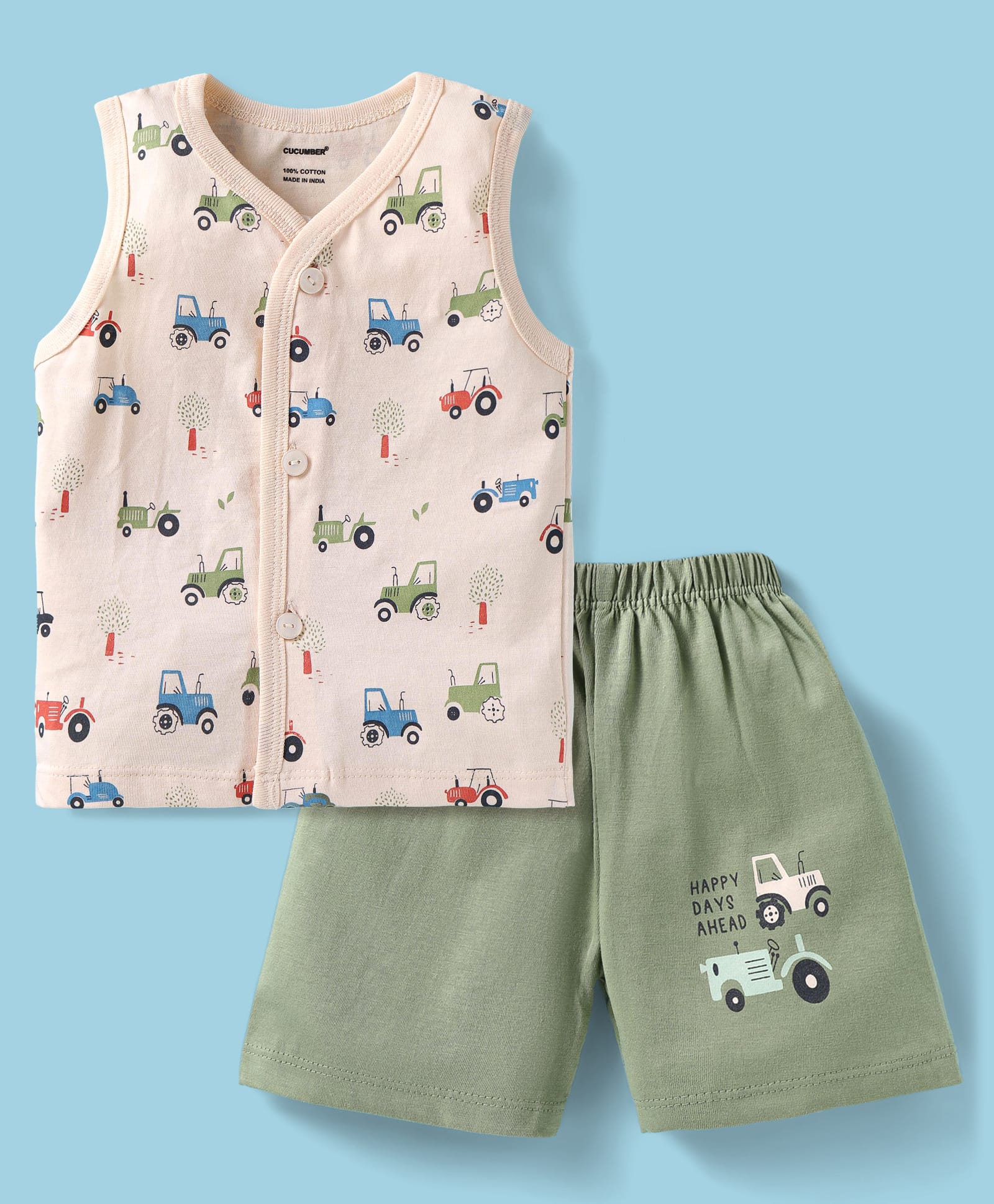 CUCUMBER Sinker Knit Sleeveless Night Suit With Animal Print - Olive Green & Cream-image-7